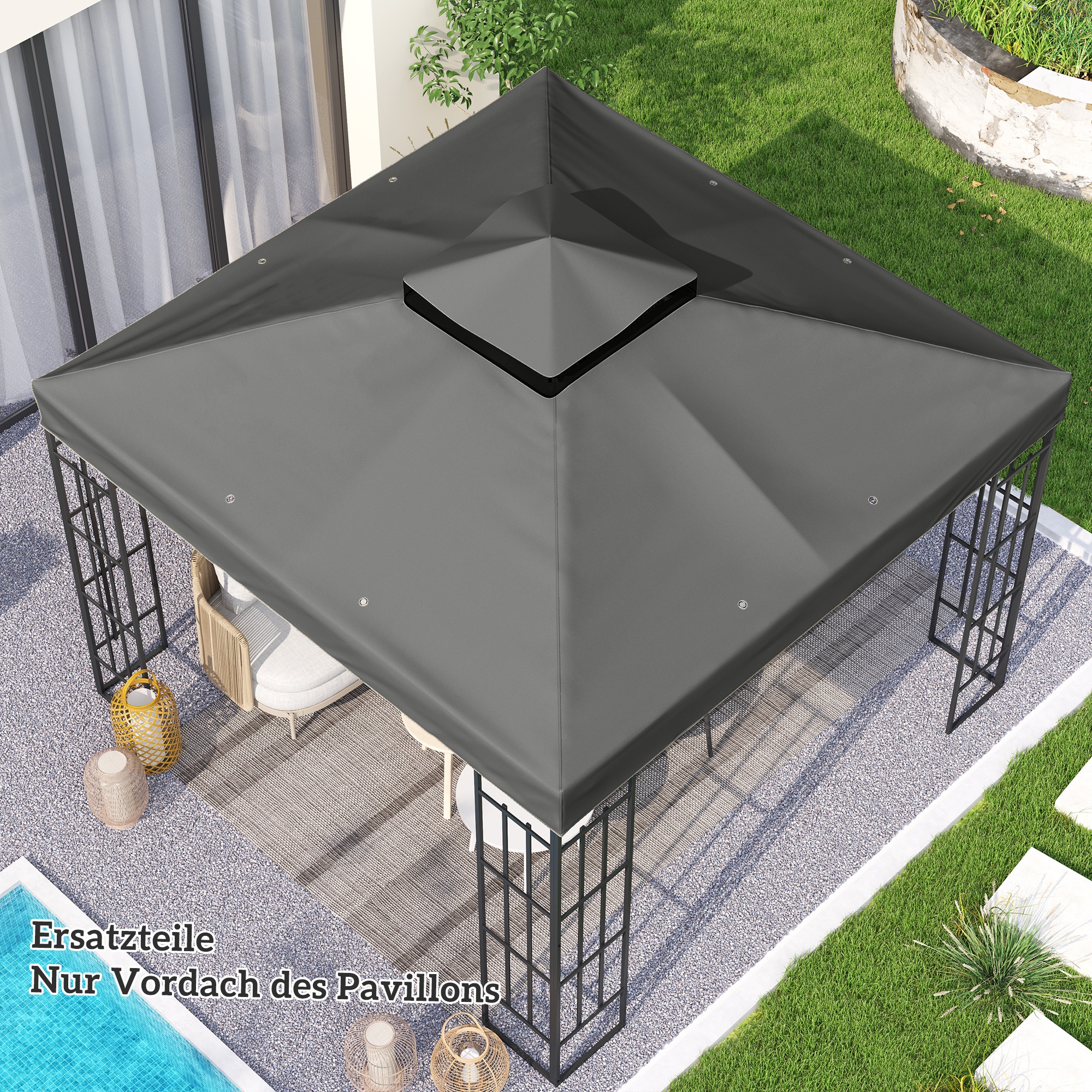 3 x 3 m Ersatzdach für Pavillon, Pavillon-Ersatzplane mit Wasserablauf-Löchern, UPF30+, Sonnenschutz, Dunkelgrau