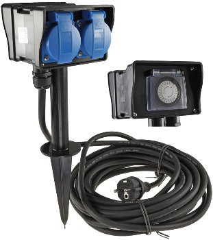 Gartensteckdose mit Erdspieß, 2-fach, IP44, 2m Kabel, Zeitschaltuhr