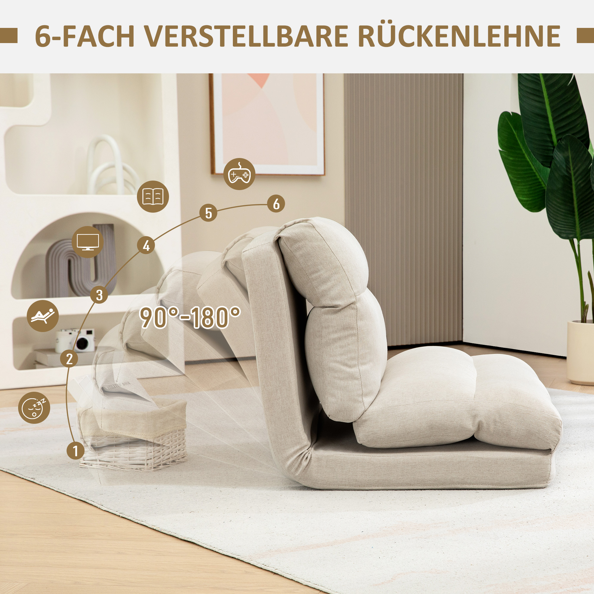 Sitzsack mit Bettfunktion, neigbare Lehne, klappbar, bis 120kg, 70 x 72 x 56 cm, Beige