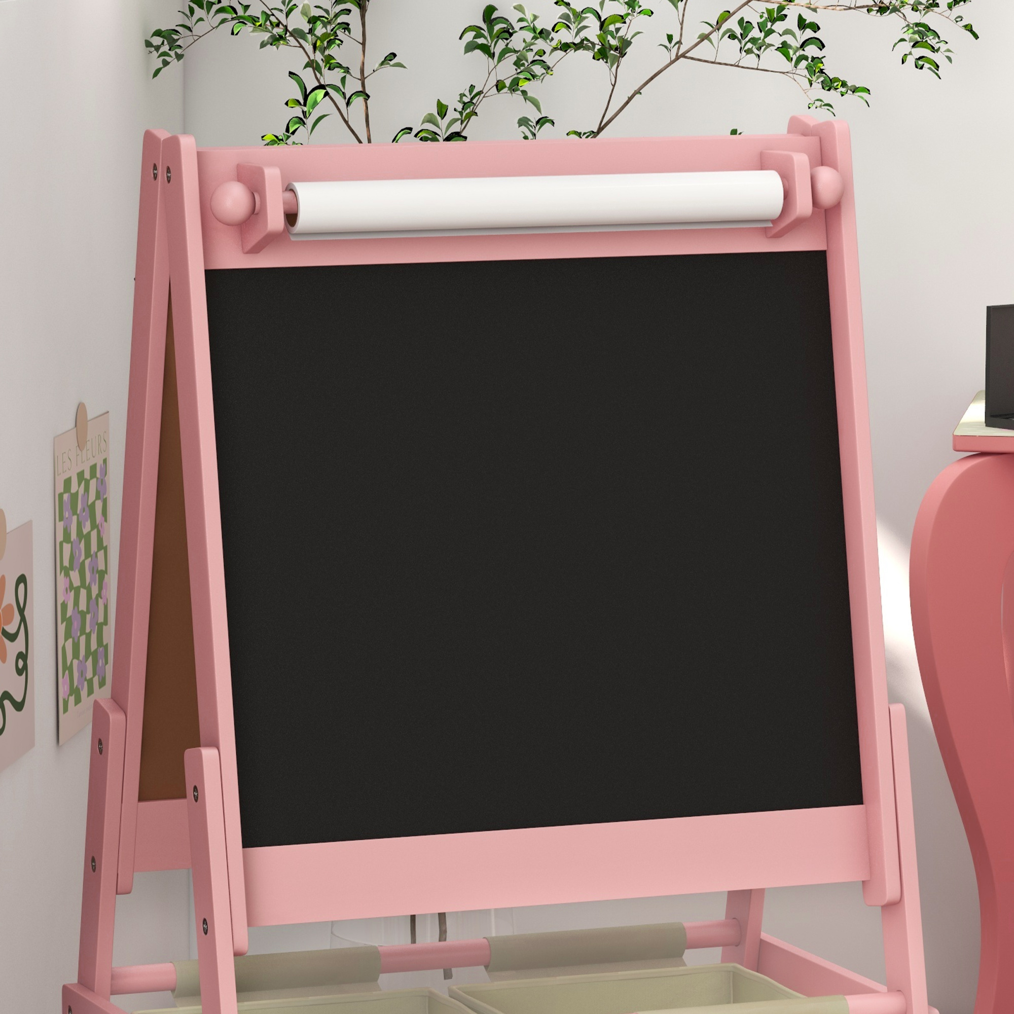 3-in-1 Kinder Staffelei mit Papierrolle, Kreidetafel, Whiteboard, Aufbewahrungskörbe, 54 x 46,5 x 93 cm, rosa