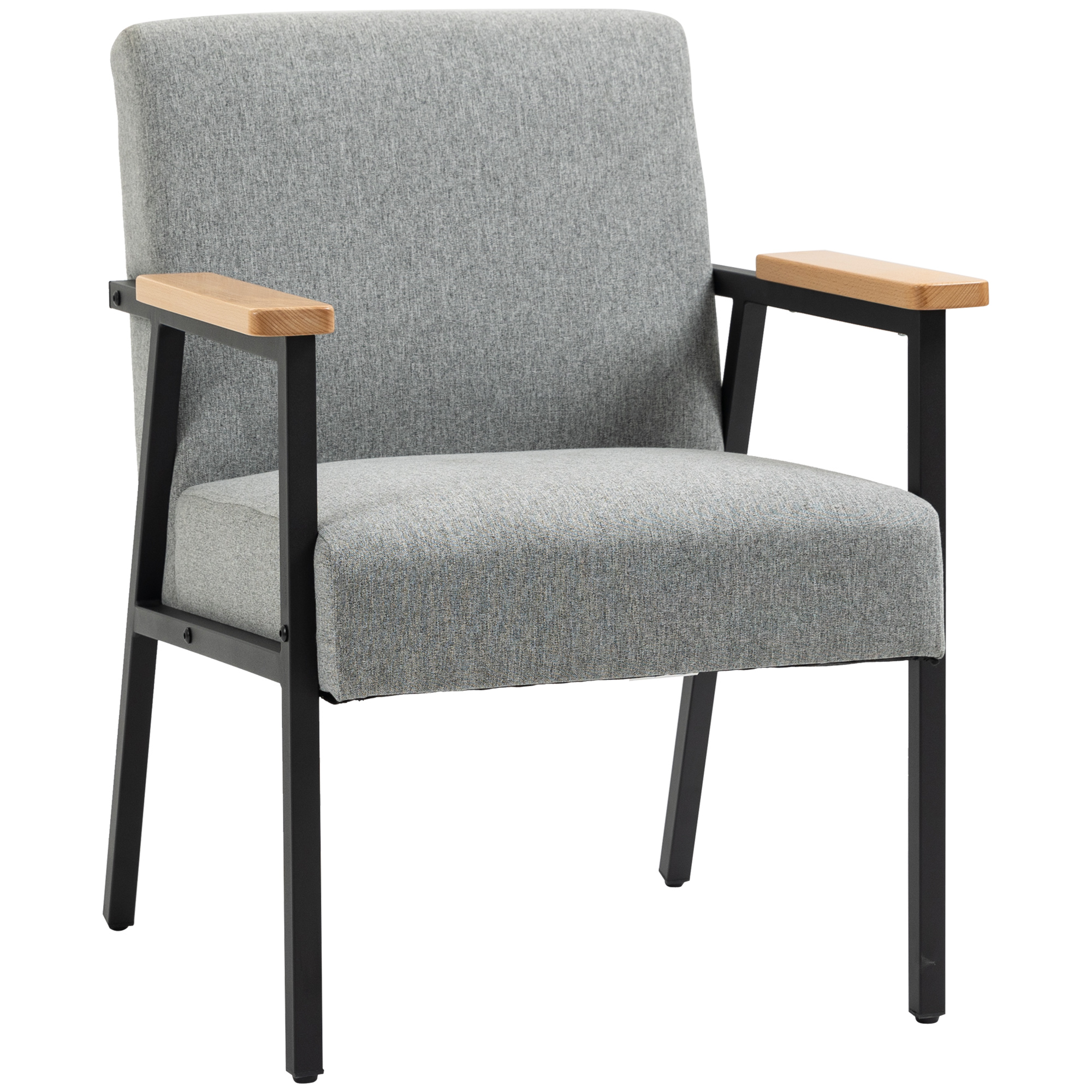 Akzentsessel im Skandidesign, Ruhesessel ,Akzentstuhl, Leinenoptik, Kautschukholz, Grau + Schwarz + Braun