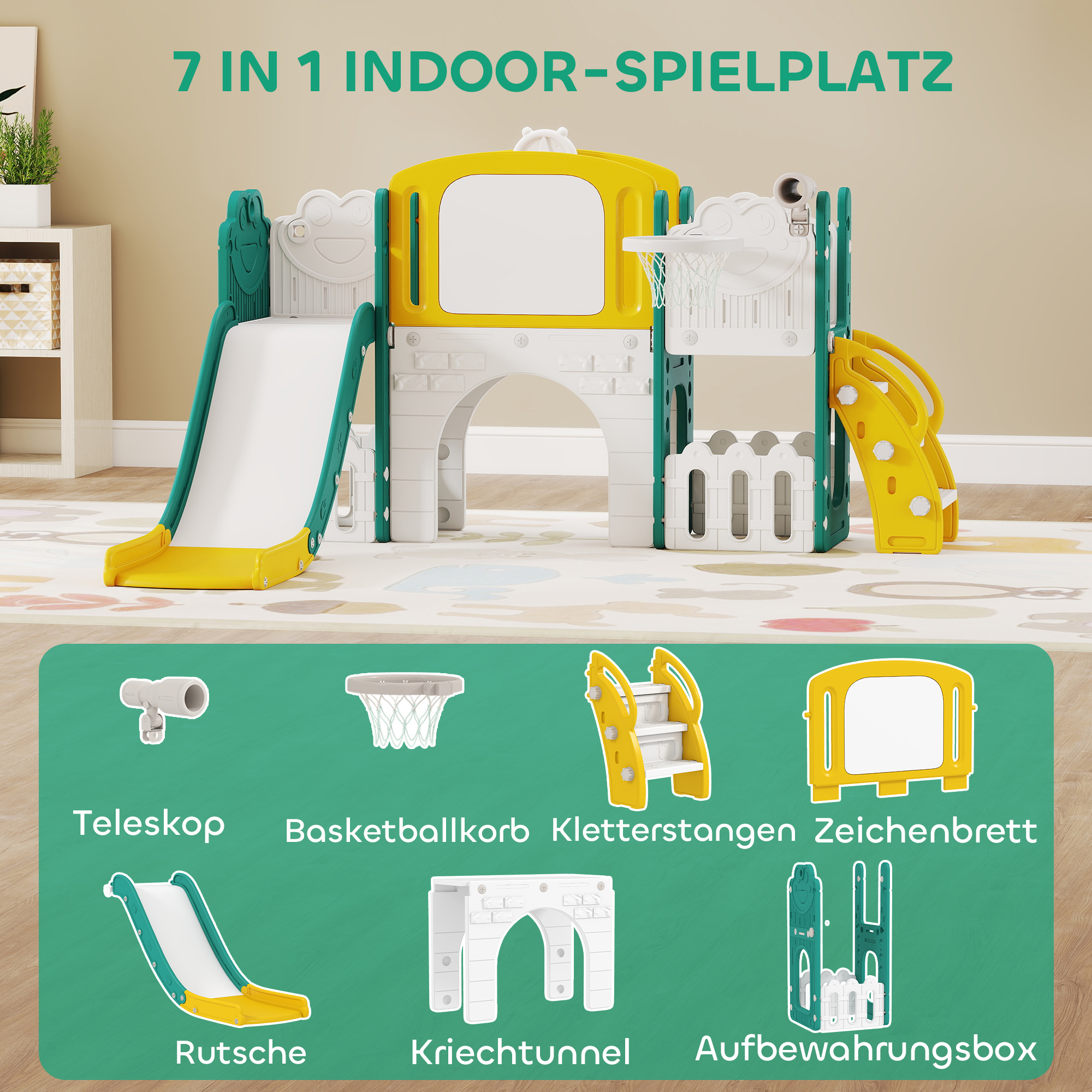 7-in-1 Rutschenset für Kleinkinder, Basketballkorb, Froschdesign, Klettergerüst, Schaukelsitz, für drinnen und draußen, Gelb+Grün
