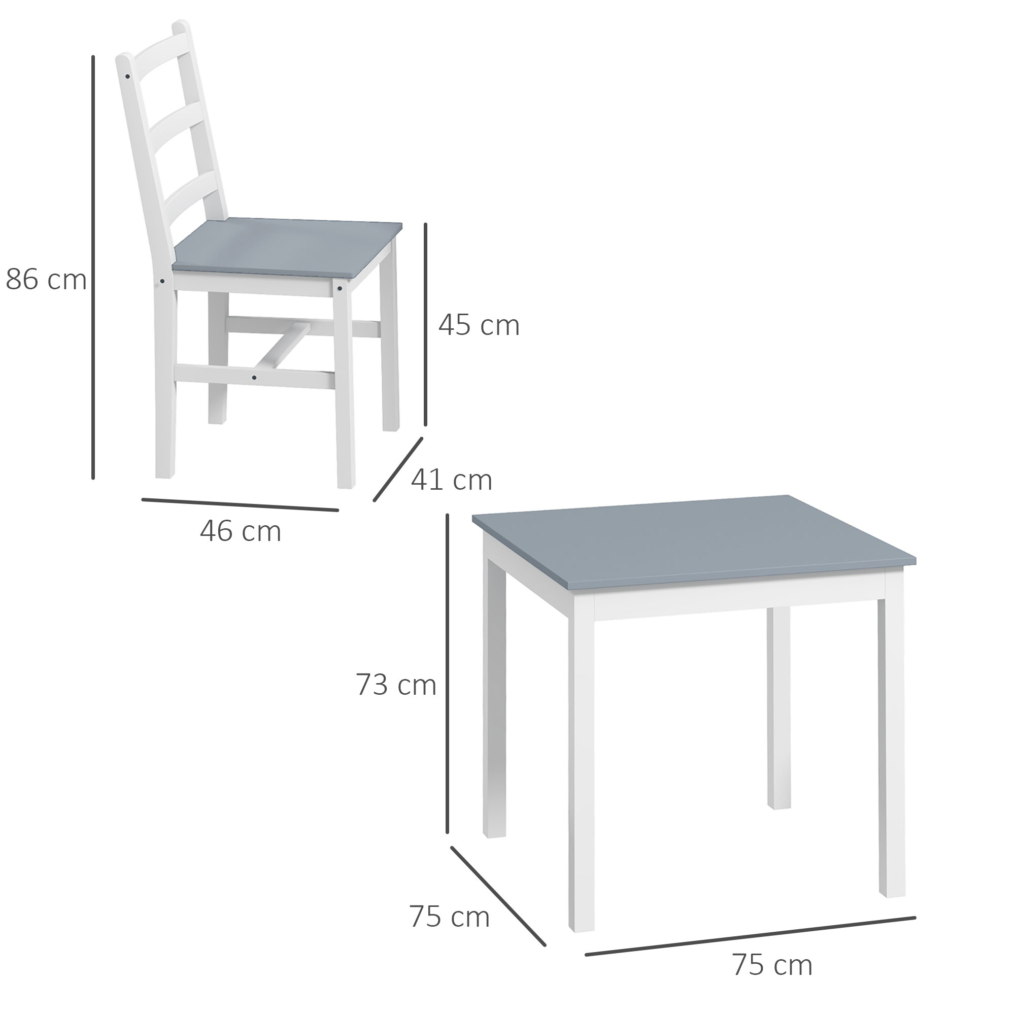 Essgruppe für 2 Personen, 2 Stühle, 1 Tisch, Kiefernholz, Weiß + Grau