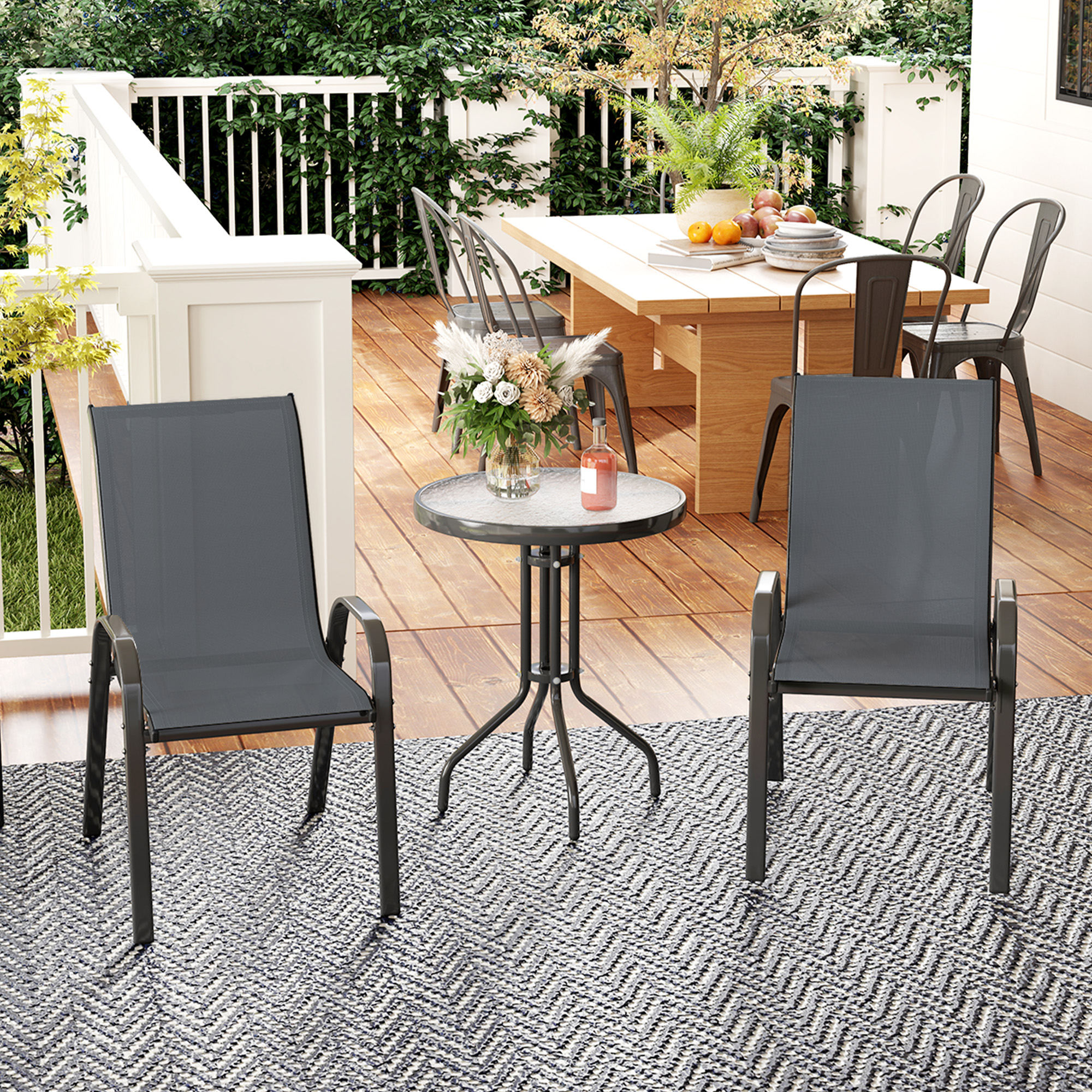Bistro-Set 3-teilig Wetterfest Gartenmöbel Set mit Glastisch Stapelbare Gartenstühlen Dunkelgrau