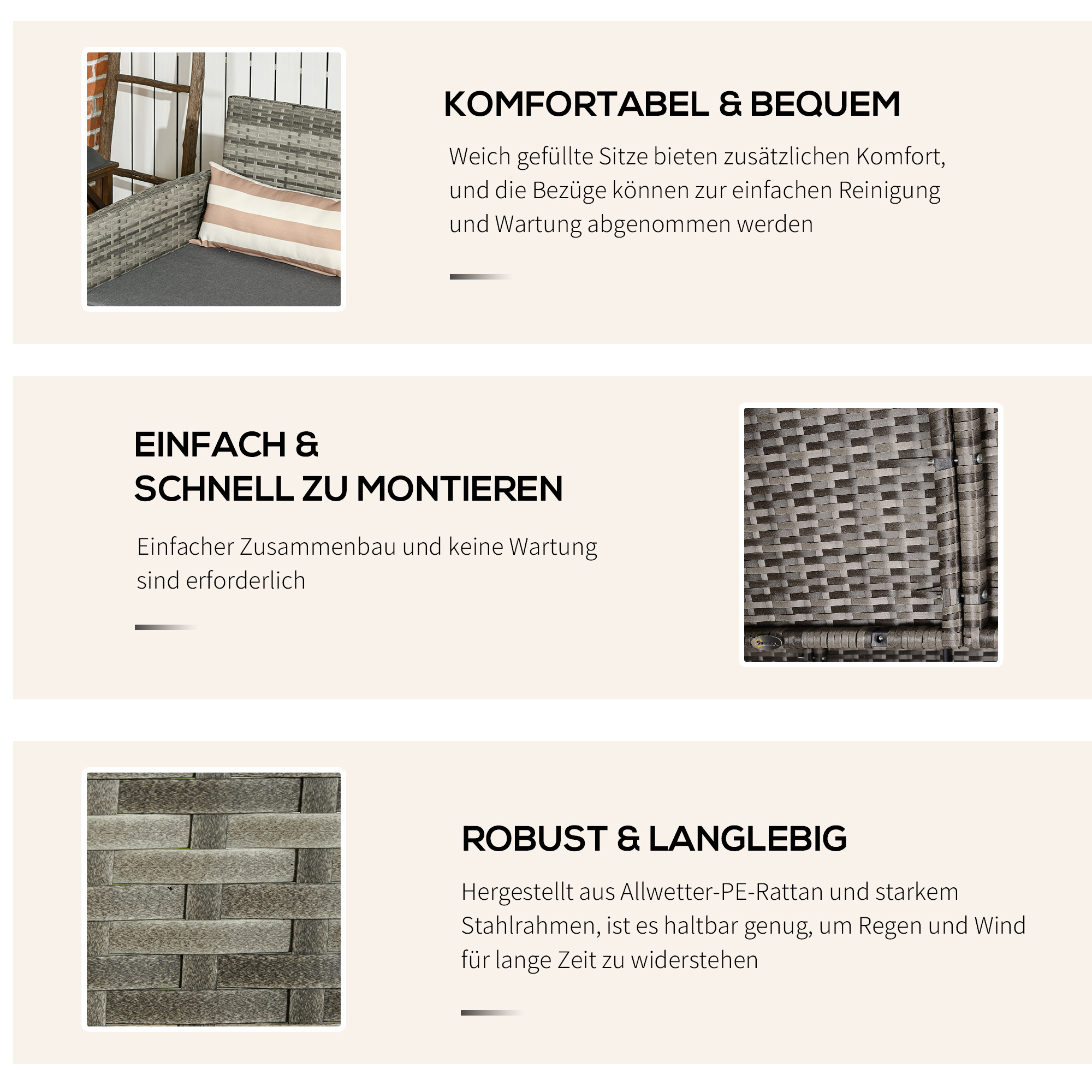 Rattan Sofa mit Kissen, Dreisitzer, Garten Loungesofa, Stahl, Grau, 173 x 68 x 78 cm