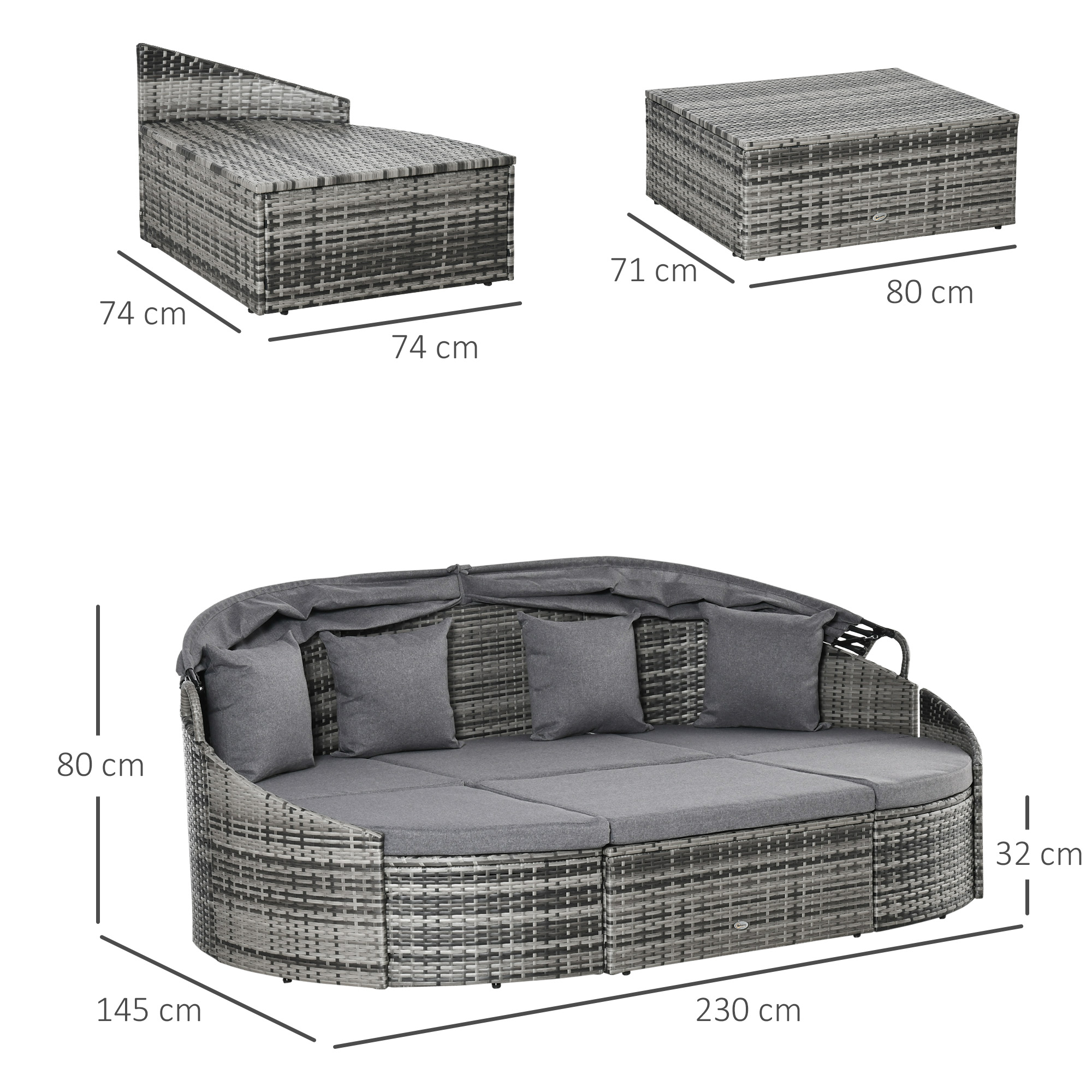 Rattan Sonneninsel 4-teilige Liegeinsel mit Sonnendach Sitzgruppe 4 Kissen Metall Grau 230 x 145 x 80 cm