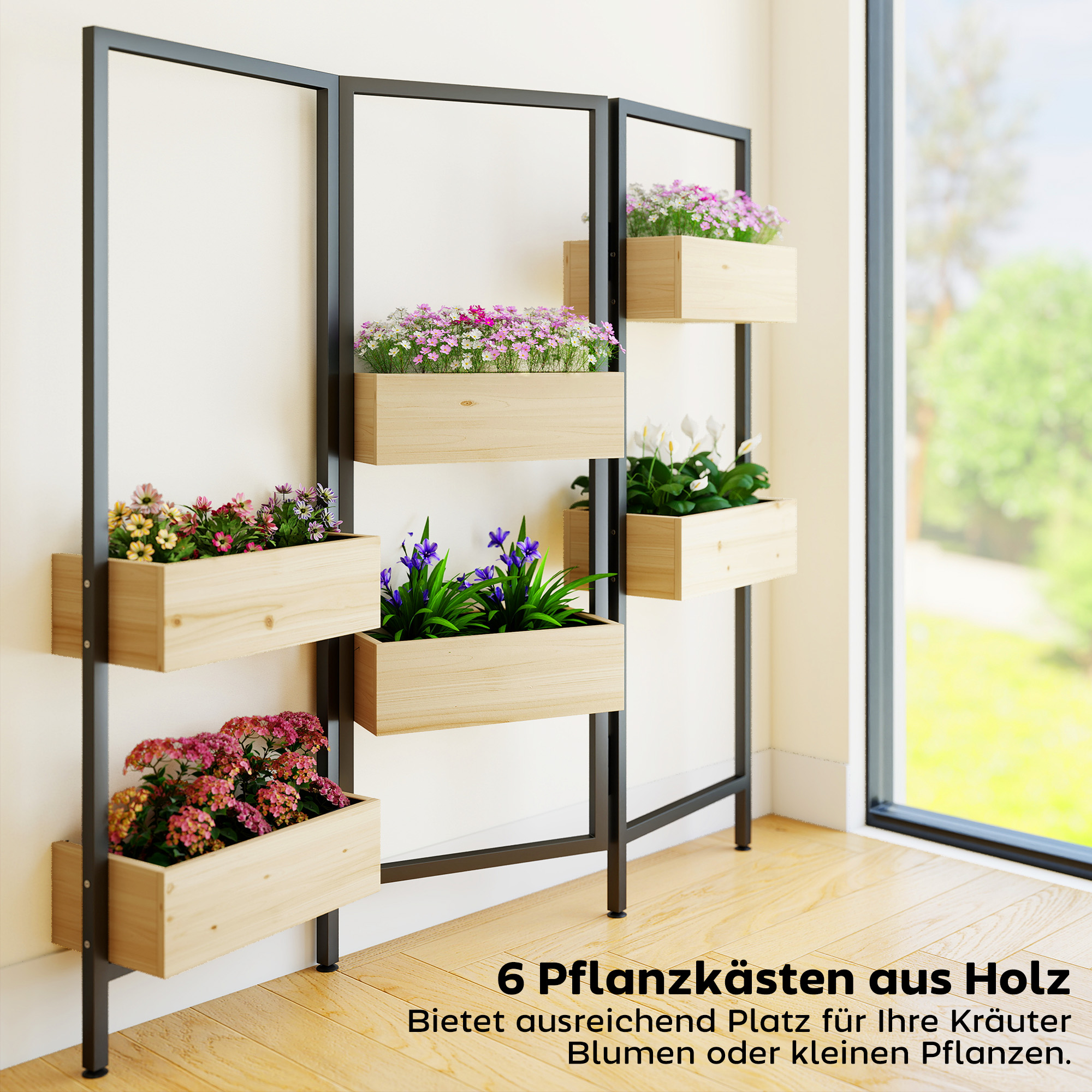 Blumenkasten mit Sichtschutz, Hochbeet mit Klappbarem Spalier, 6 Pflanzkästen mit Ablauflöchern, Stahl