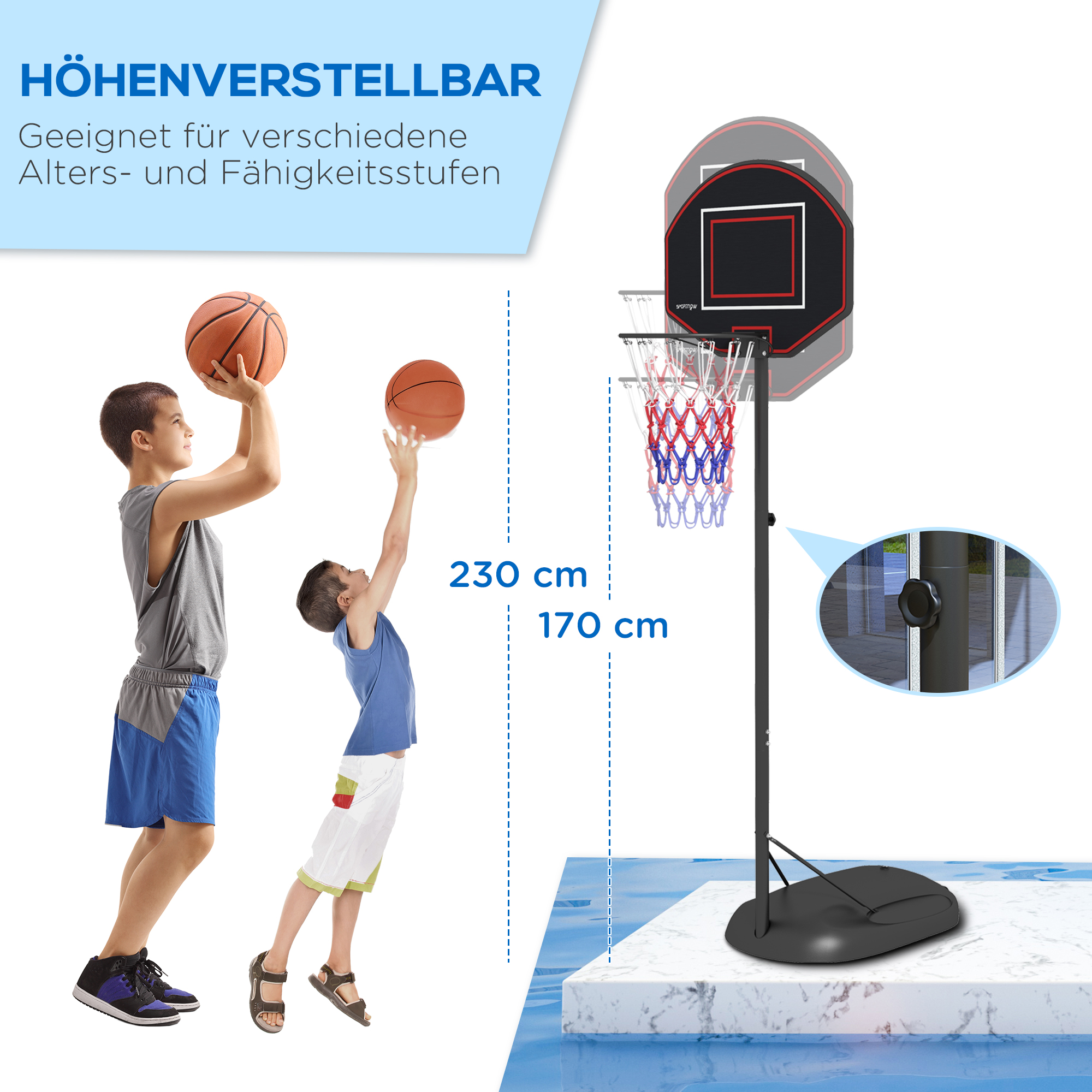 Basketballständer, höhenverstellbar, robust, 1,7-2,3 m Korbhöhe, Stahlrahmen, Schwarz
