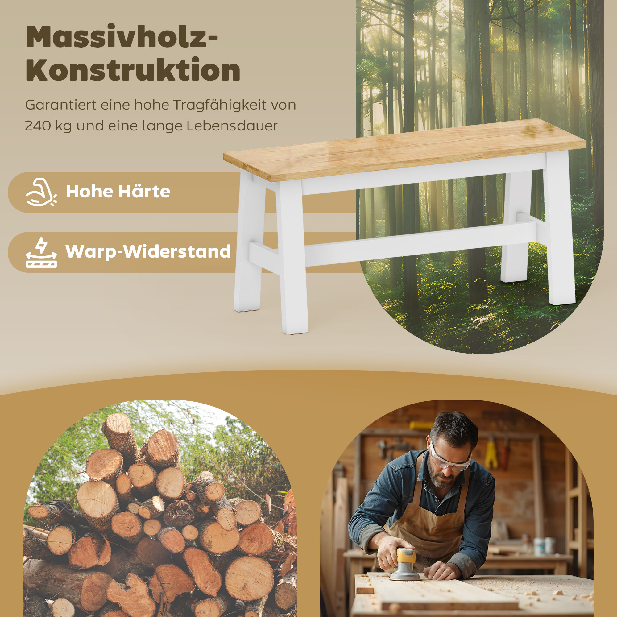 Sitzbank für 2, Holzbank in Eichenoptik, stabilisierende Querstange, für Wohnzimmer, Esszimmer, Flur, Kautschukholz, Weiß