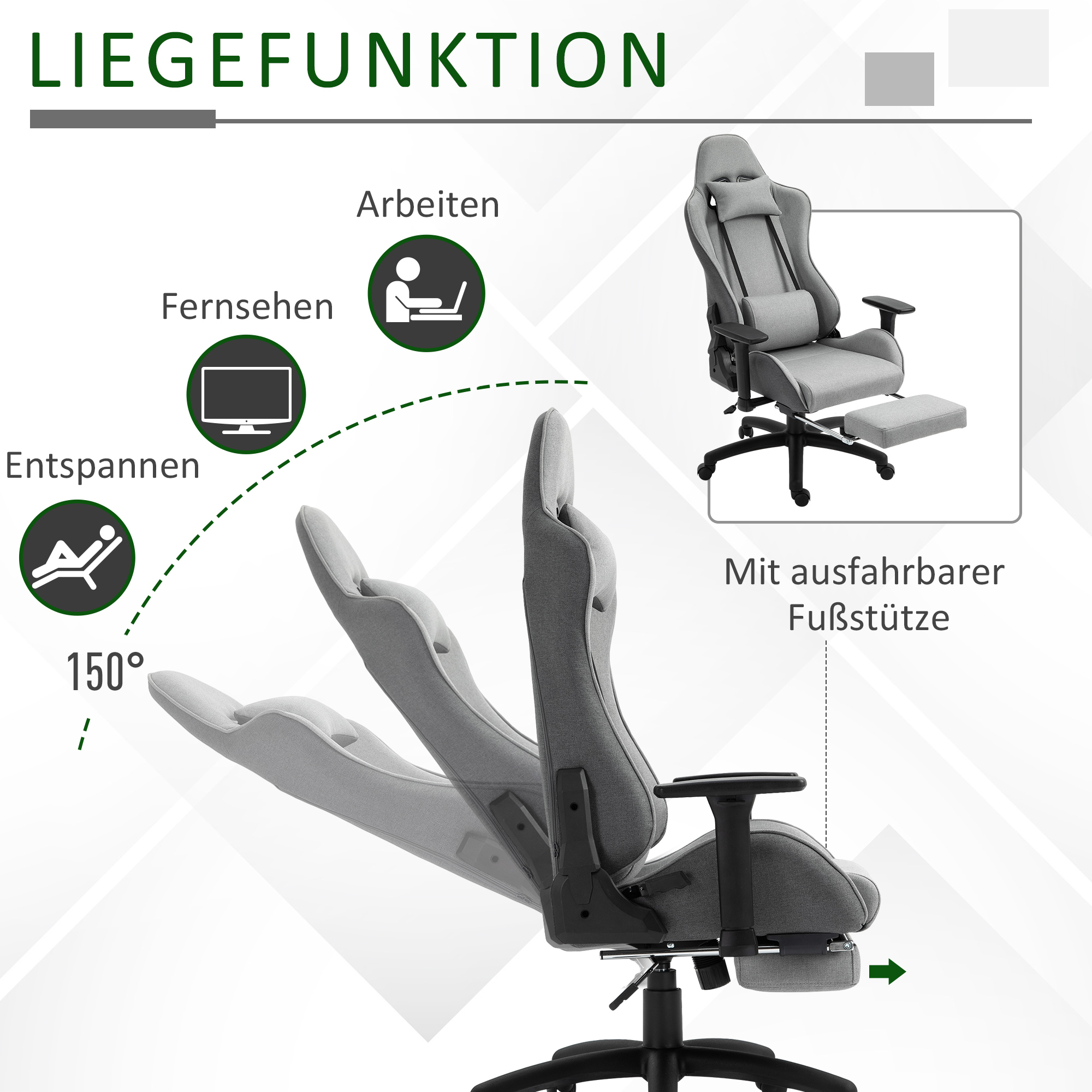 Bürostuhl Computerstuhl Drehstuhl mit abnehmbarem Kopf- und Lendenkissen Wippenfunktion ergonomischer Schreibtischstuhl drehbar höhenverstellbar mit Fußstütze PP Grau 73x57x127-135 cm