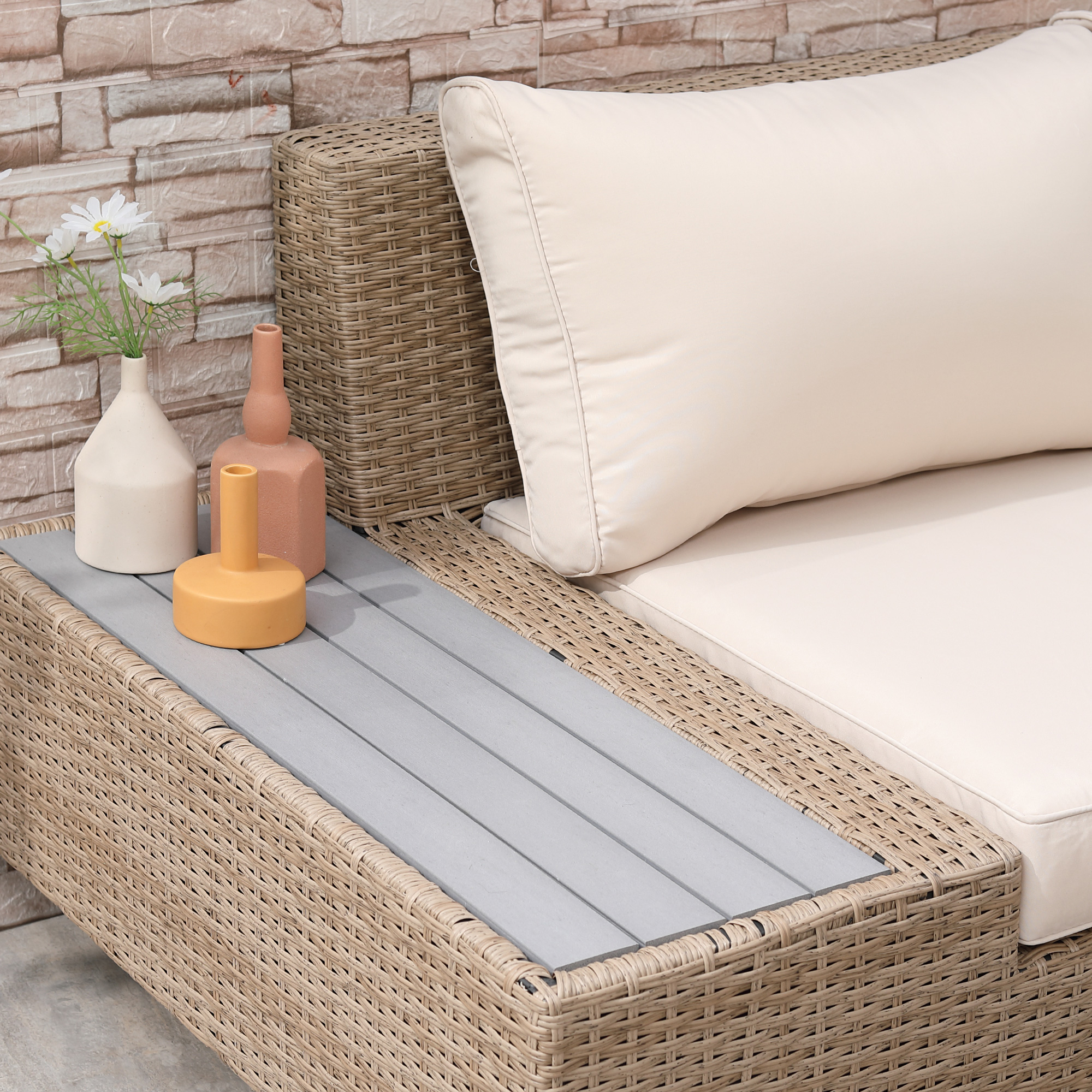 4-tlg, Luxus Polyrattan Gartengarnitur Gartenmöbel Garten-Set Sitzgruppe Loungeset Loungemöbel inkl, Ablagen und Beistelltisch Sitzkissen Braun