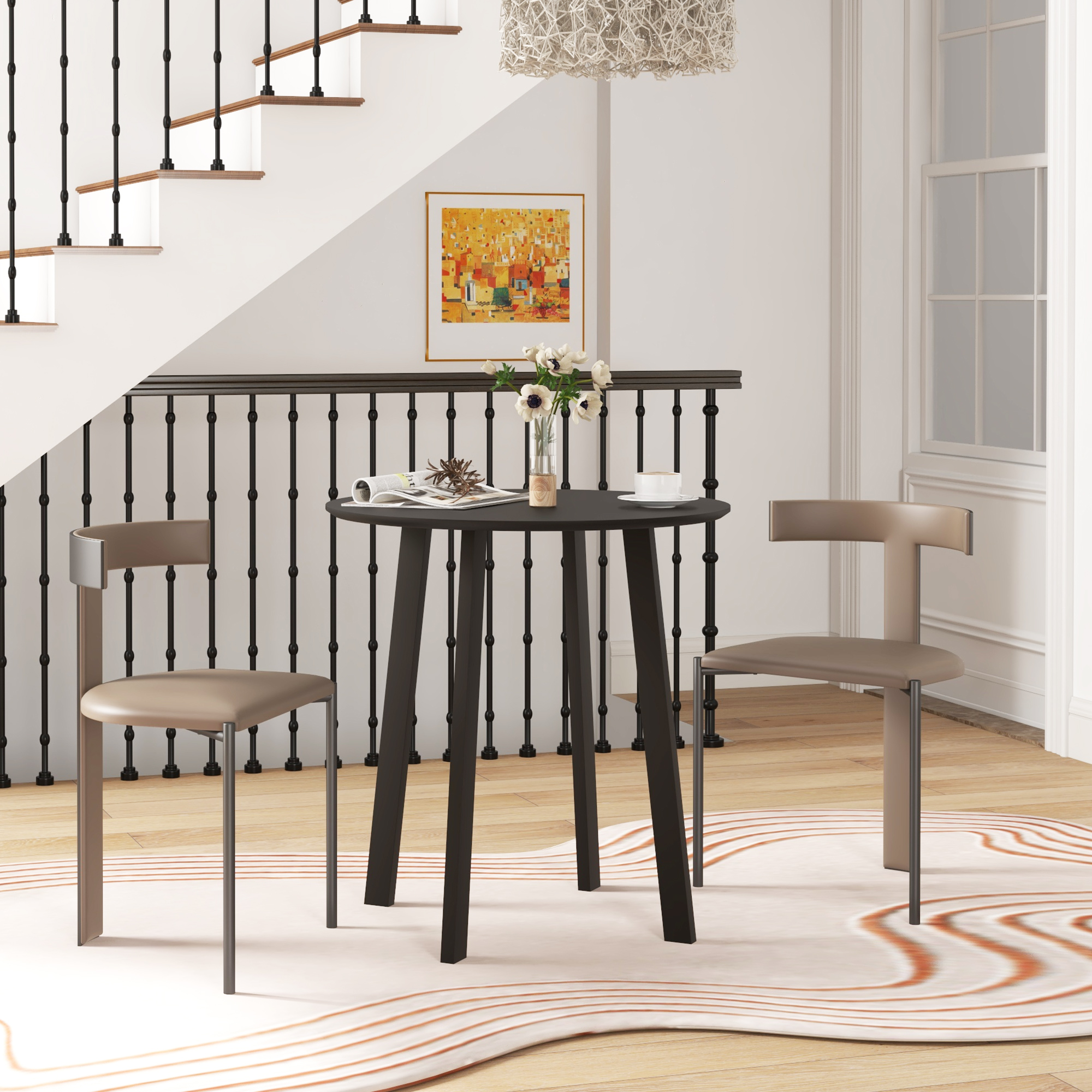 Esstisch für 2 Personen, weiße Tischplatte, Metallbeine mit Fußkappen, Ø72 x 75H cm, Schwarz