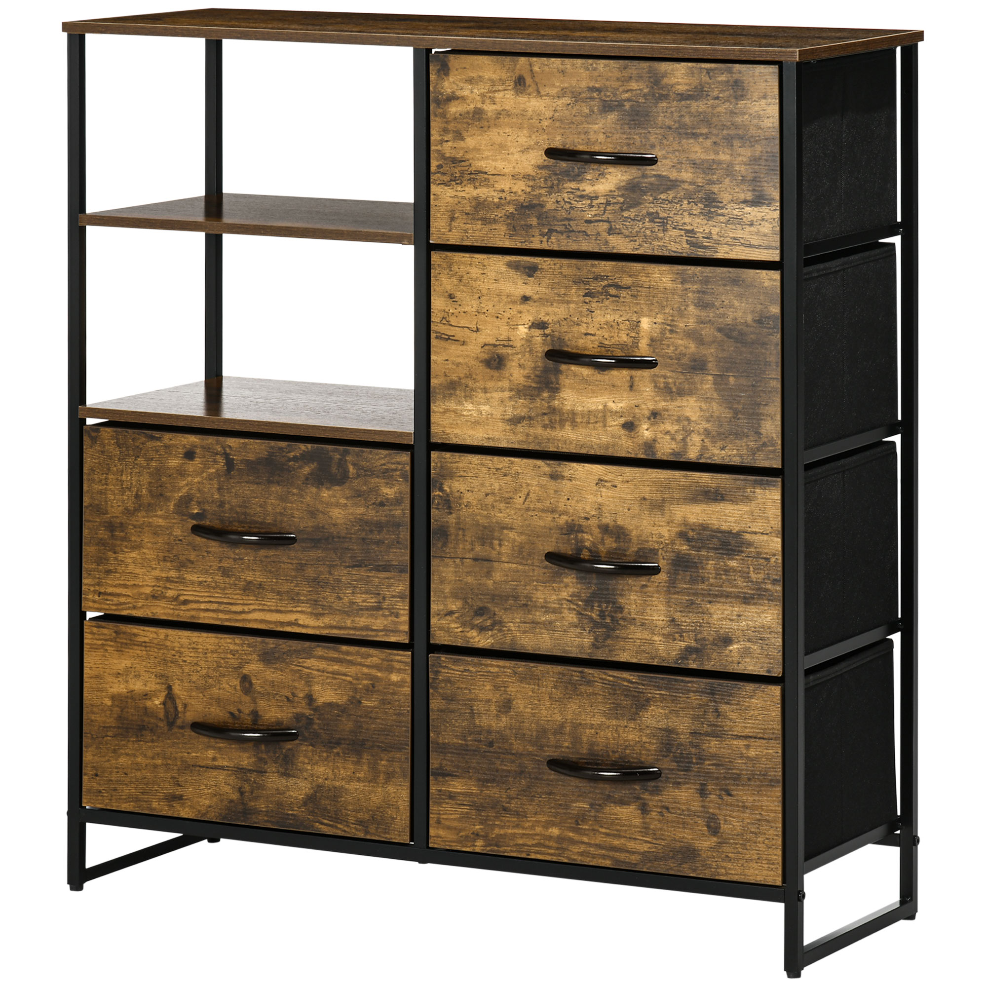 Kommode mit sechs Schubladen, offene Regale, MDF und Stahl, 84x30x92 cm, Braun/Schwarz, verstellbare Füße