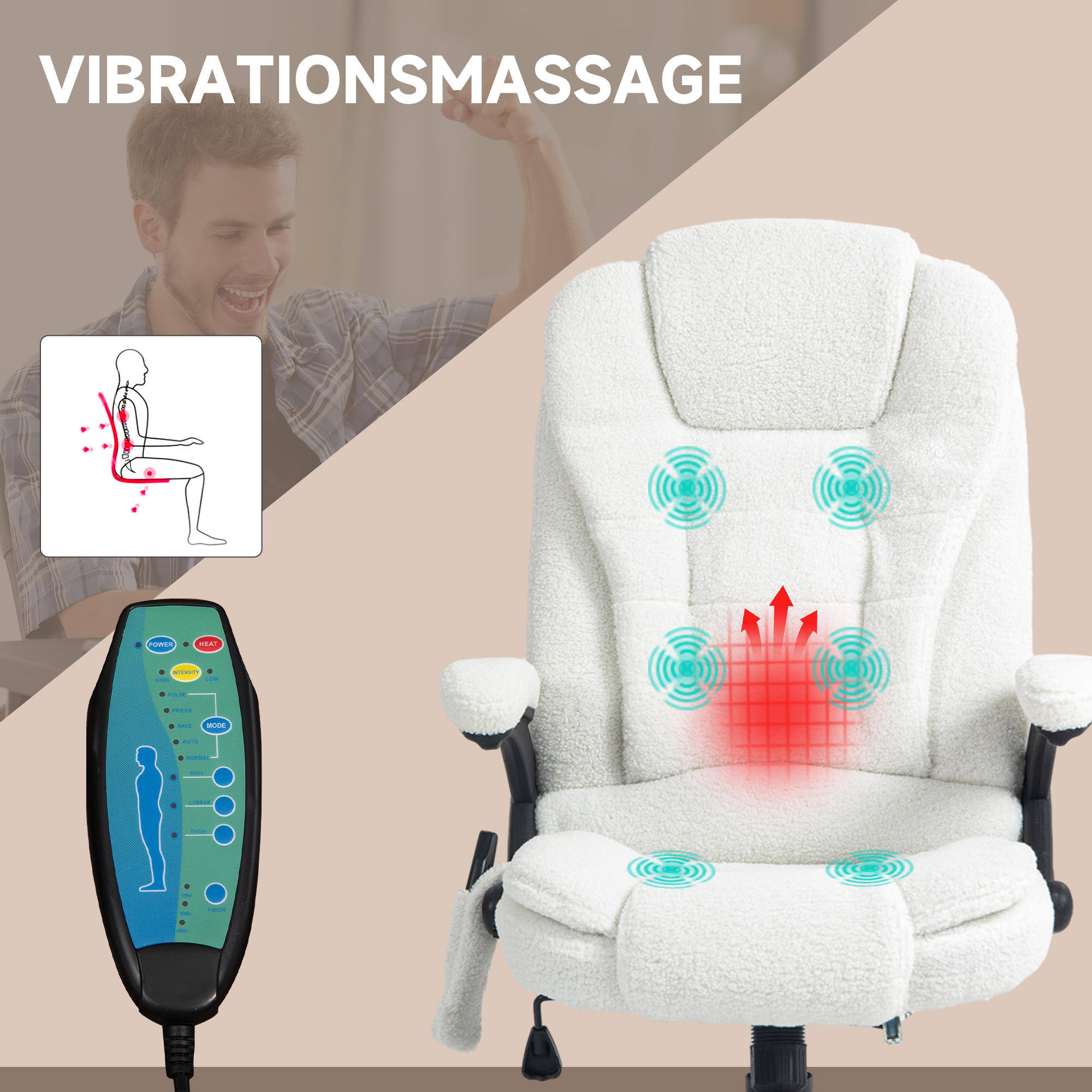 Bürosessel Massagefunktion Massagebürostuhl, Massagefunktion, höhenverstellbar, 67 x 74 x 107-116 cm, Weiß