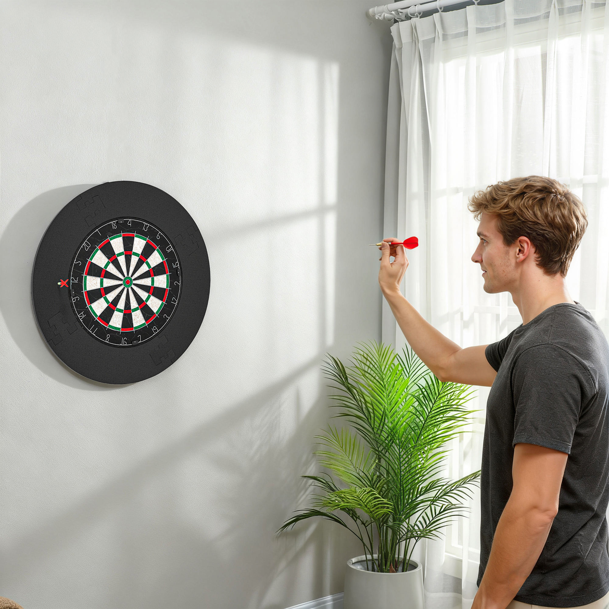 Dartscheibe Dartboard-Set mit Schutzring, 6 Dartpfeile mit Stahlspitzen, Sisal, Kunststoff, Schwarz