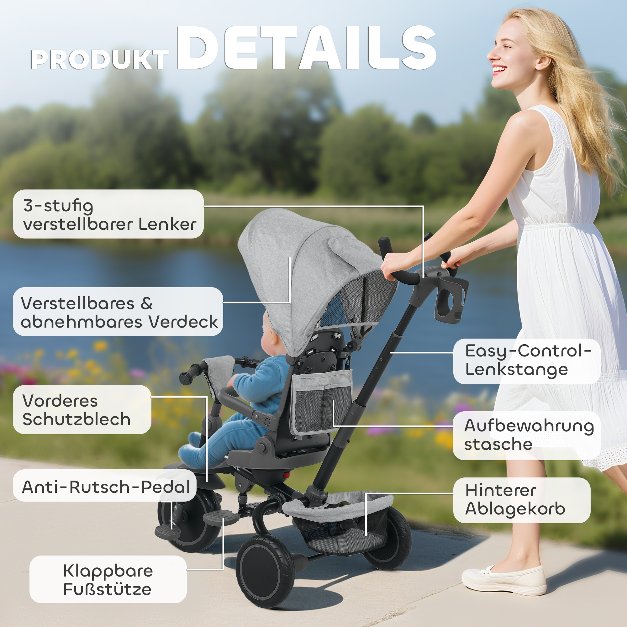 Kinderdreirad, 6-in-1 Buggy für Kleinkinder, mit Schiebegriff, verstellbarer Sitz, faltbares Design, Sicherheitsnetz, Grau
