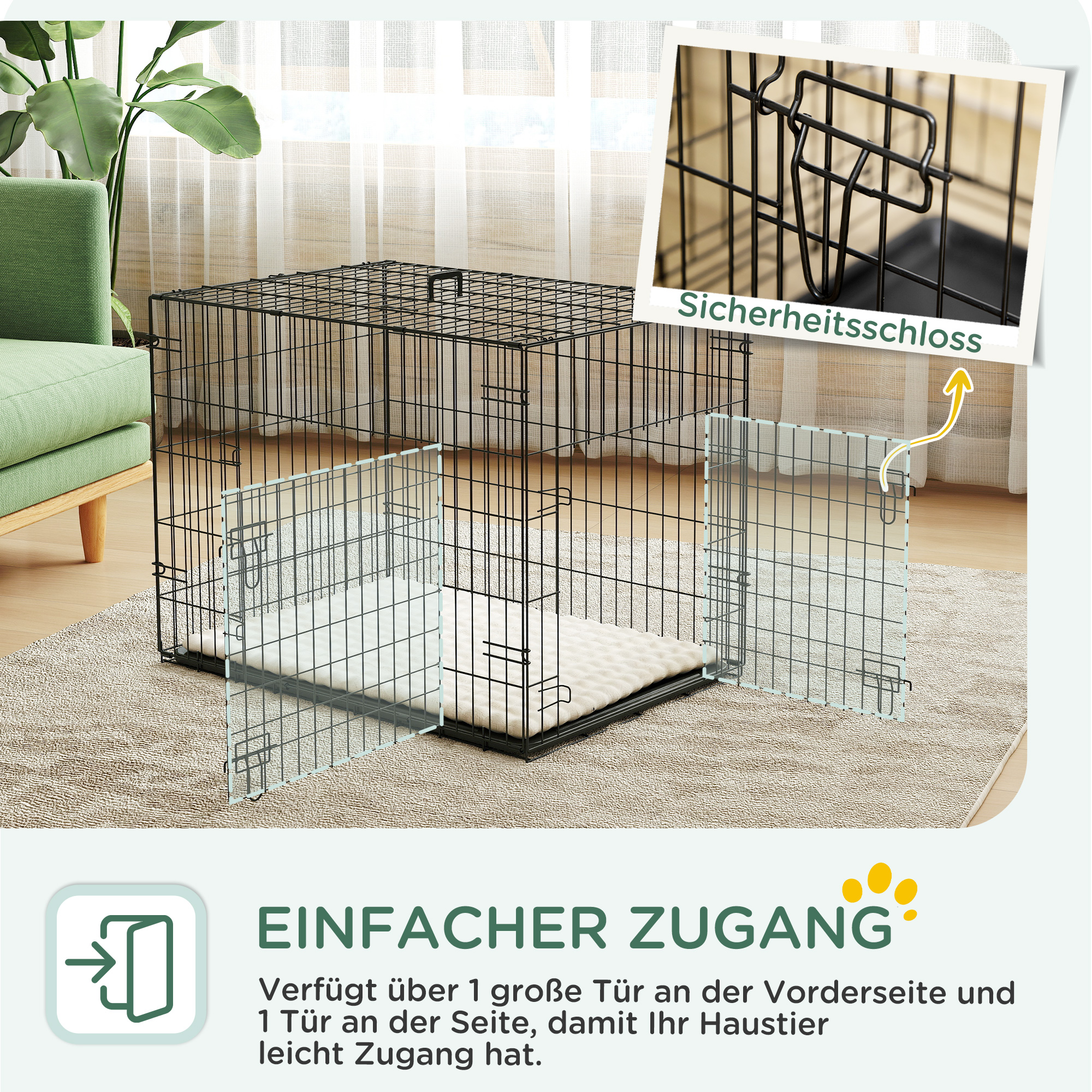 Hundekäfig klappbar Hundebox mit 2 Türen, Transportkäfig mit ausziehbare Bodenschale Kissen 75 x 48,5 x 53 cm Schwarz