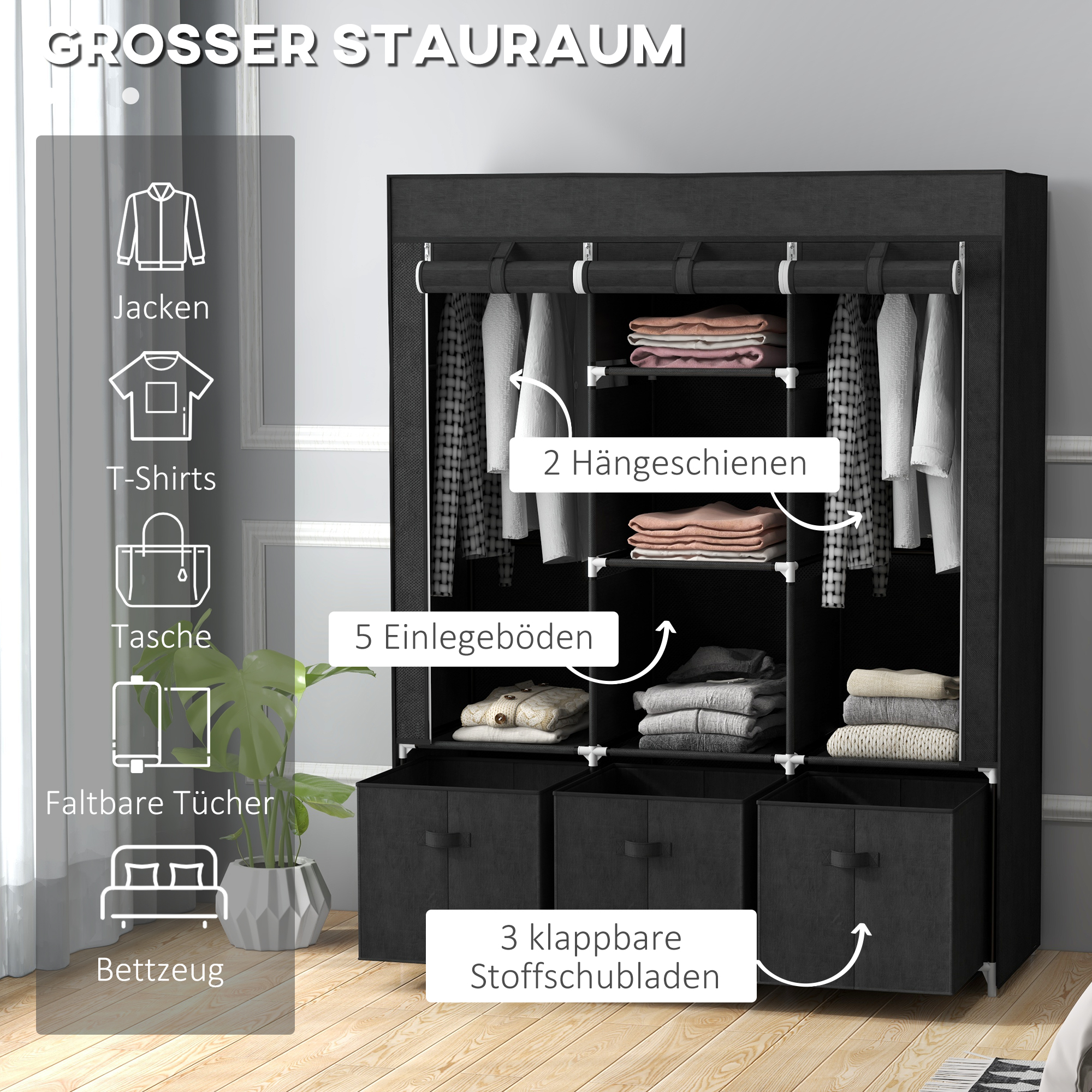 Stoffschrank aus Vlies, Faltschrank, inkl. 3 Schubladen, 125 cm x 43 cm x 162,5 cm, Schwarz