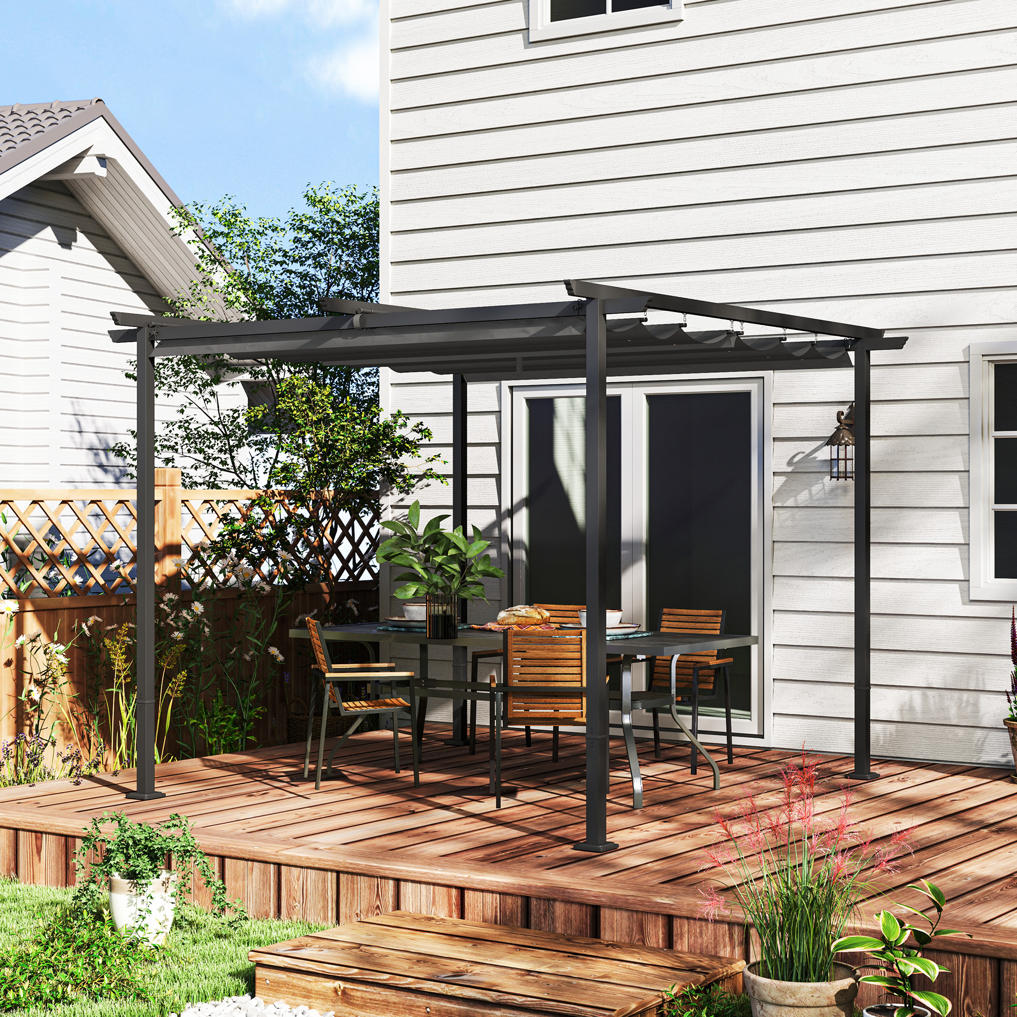 3 x 3 m Garten-Pergola mit verstellbarem Dach, Metallrahmen, UPF30+ Schutz, Sonnendach für Veranda, Terrasse, Dunkelgrau