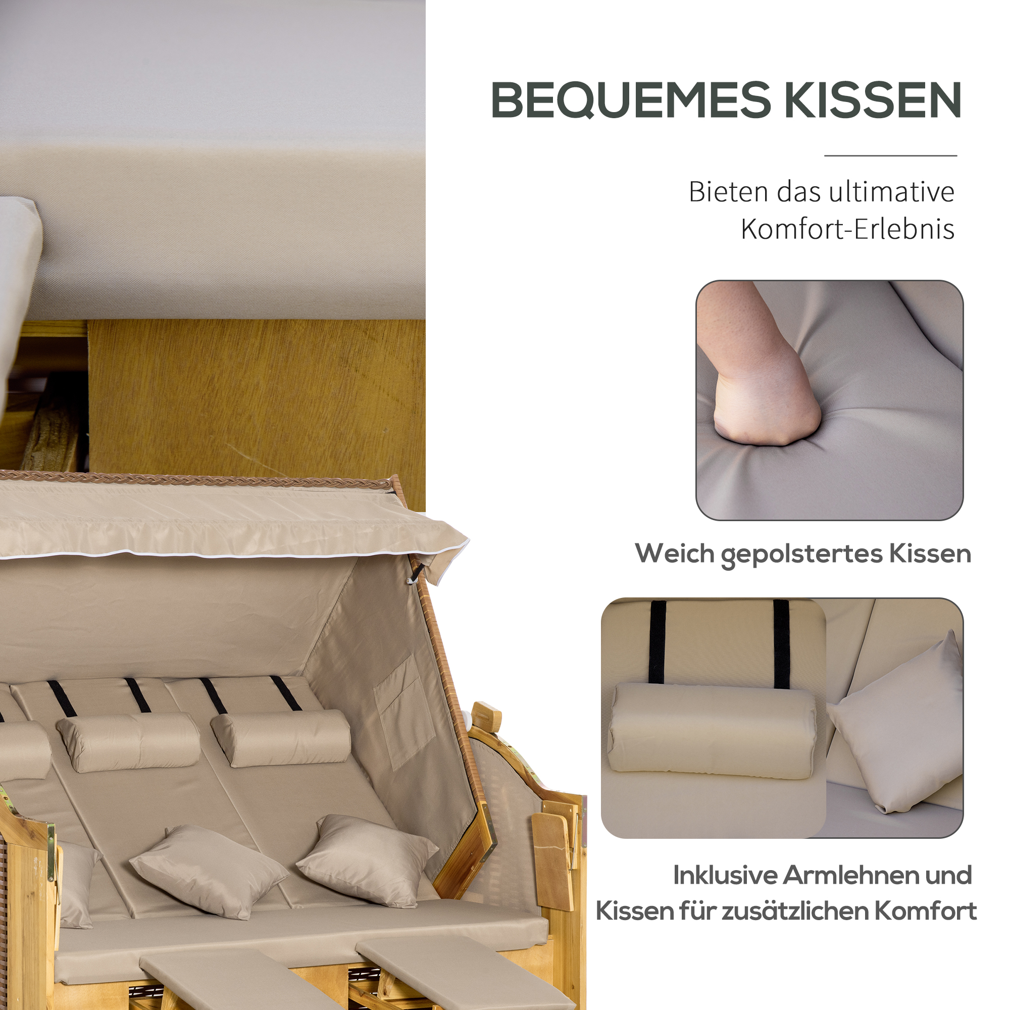 Strandkorb 3-Sitzer Sonnenliege mit Dach 2 Klapptischen Fußstütze Chaiselongue 5-stufige Rückenlehne XXL Polyrattan Natur 150 x 79 x 160 cm