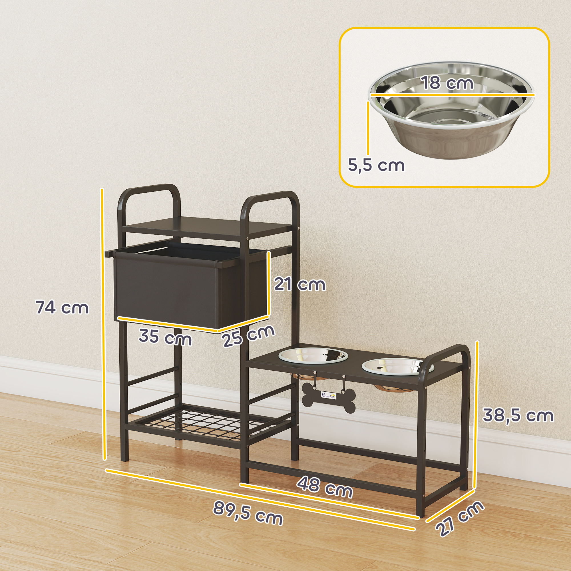 Erhöhter Hundenapf Höhenverstellbar Futternapf mit Stauraum Wassernapf 2 x 800ml Edelstahlnäpfen 89,5x27x74 cm Schwarz