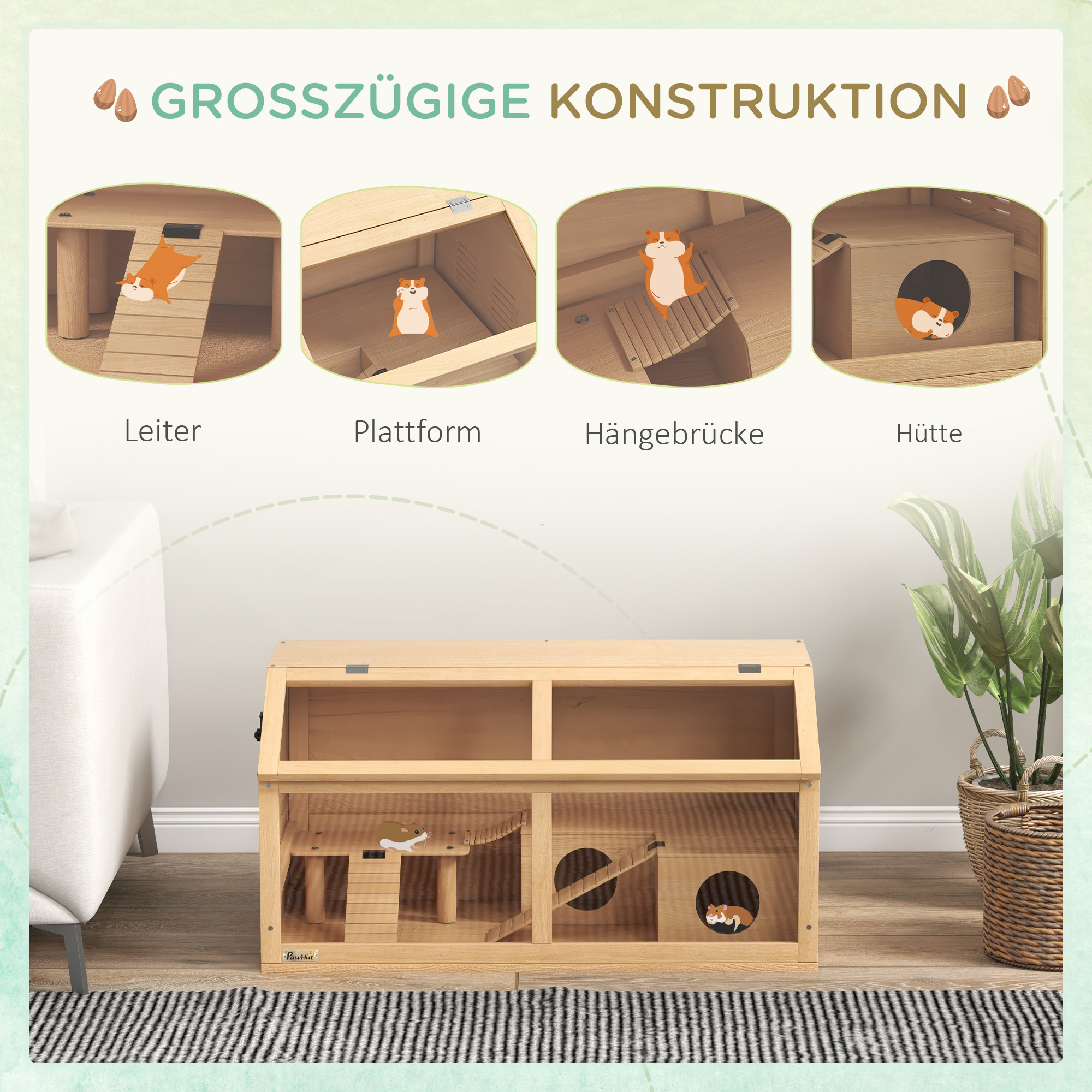 Hamsterkäfig für syrische Hamster und Zwerghamster, mit Plattform, Hängebrücke, Hütte, 85x45x44 cm