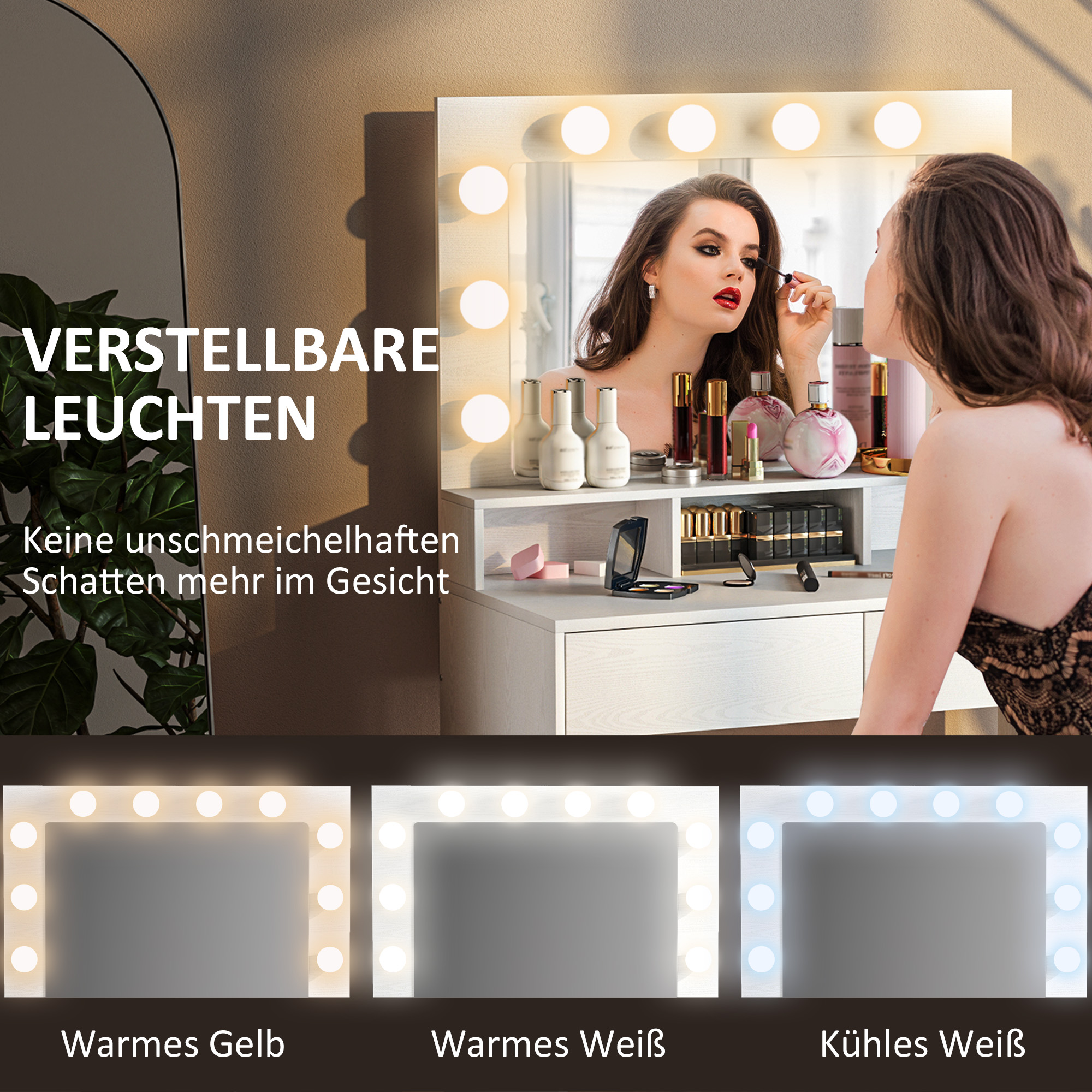Frisiertisch mit beleuchtetem Spiegel, Schubladen, 3 Lichtoptionen, 10 Glühbirnen, moderner Schminktisch in Weiß