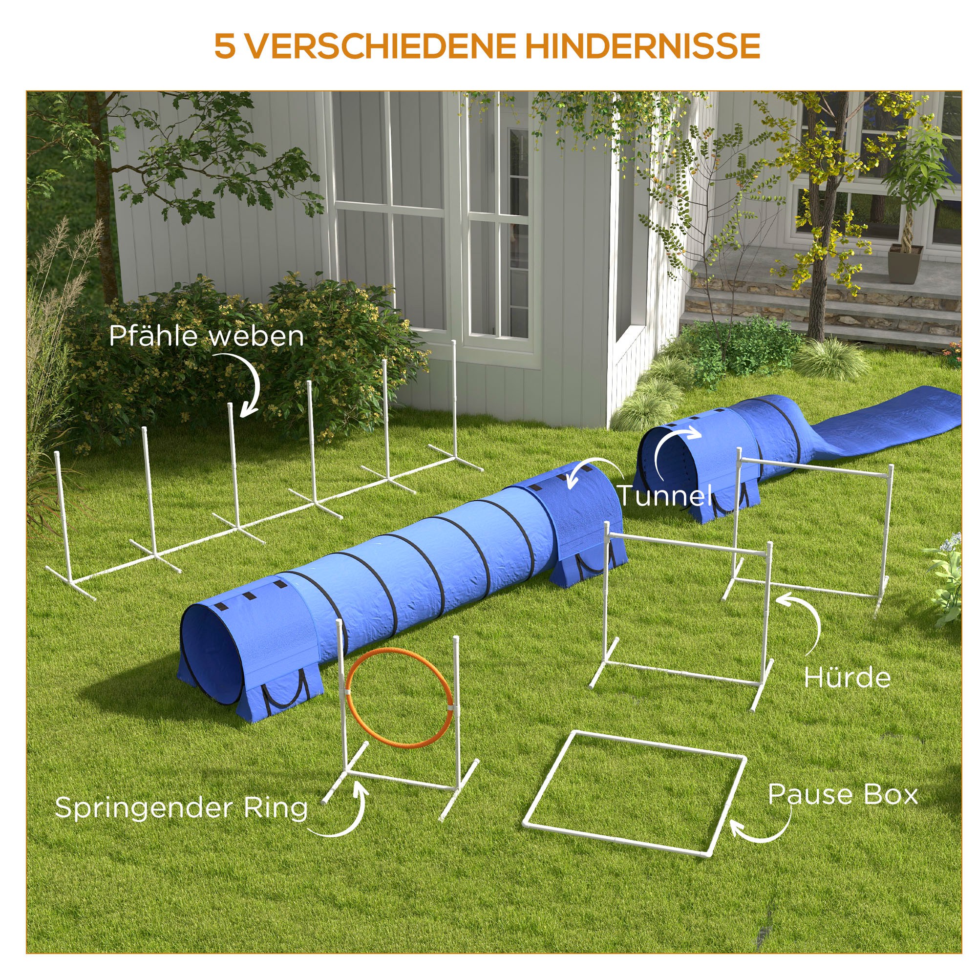 Hunde-Agiliy-Set Hundeparcours, 1 Reifen,  2 Tunnel 2 Hürden, 321 cm x 63c m x 93 cm, Blau + Rot+ Weiß