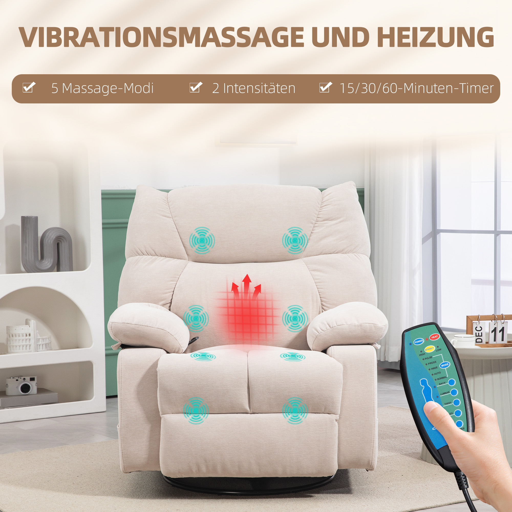 Massagesessel mit Wärme- & Liegefunktion, drehbar, bis 150 kg, Metallgestell, 98x90x98cm, Beige
