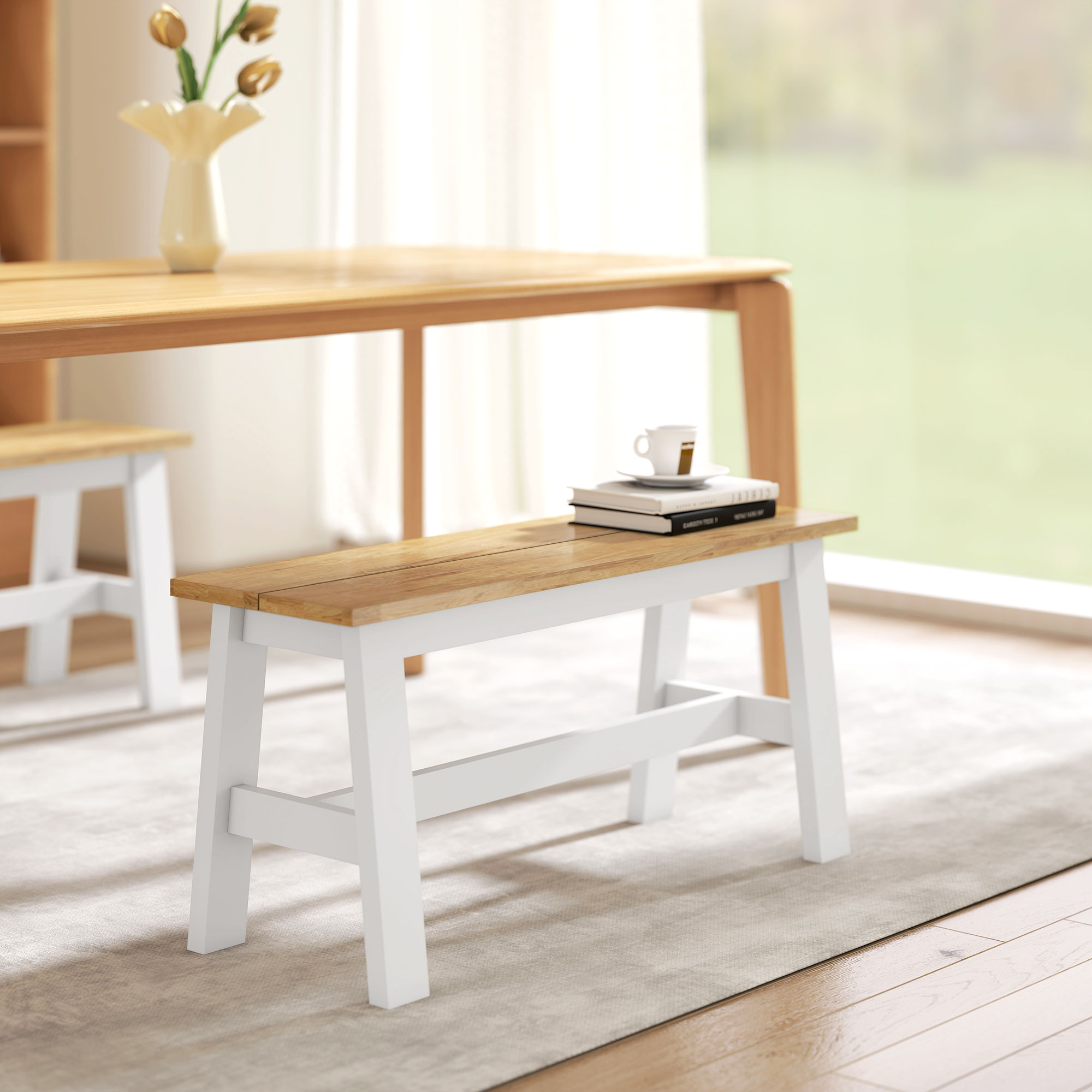 Sitzbank für 2, Holzbank in Eichenoptik, stabilisierende Querstange, für Wohnzimmer, Esszimmer, Flur, Kautschukholz, Weiß