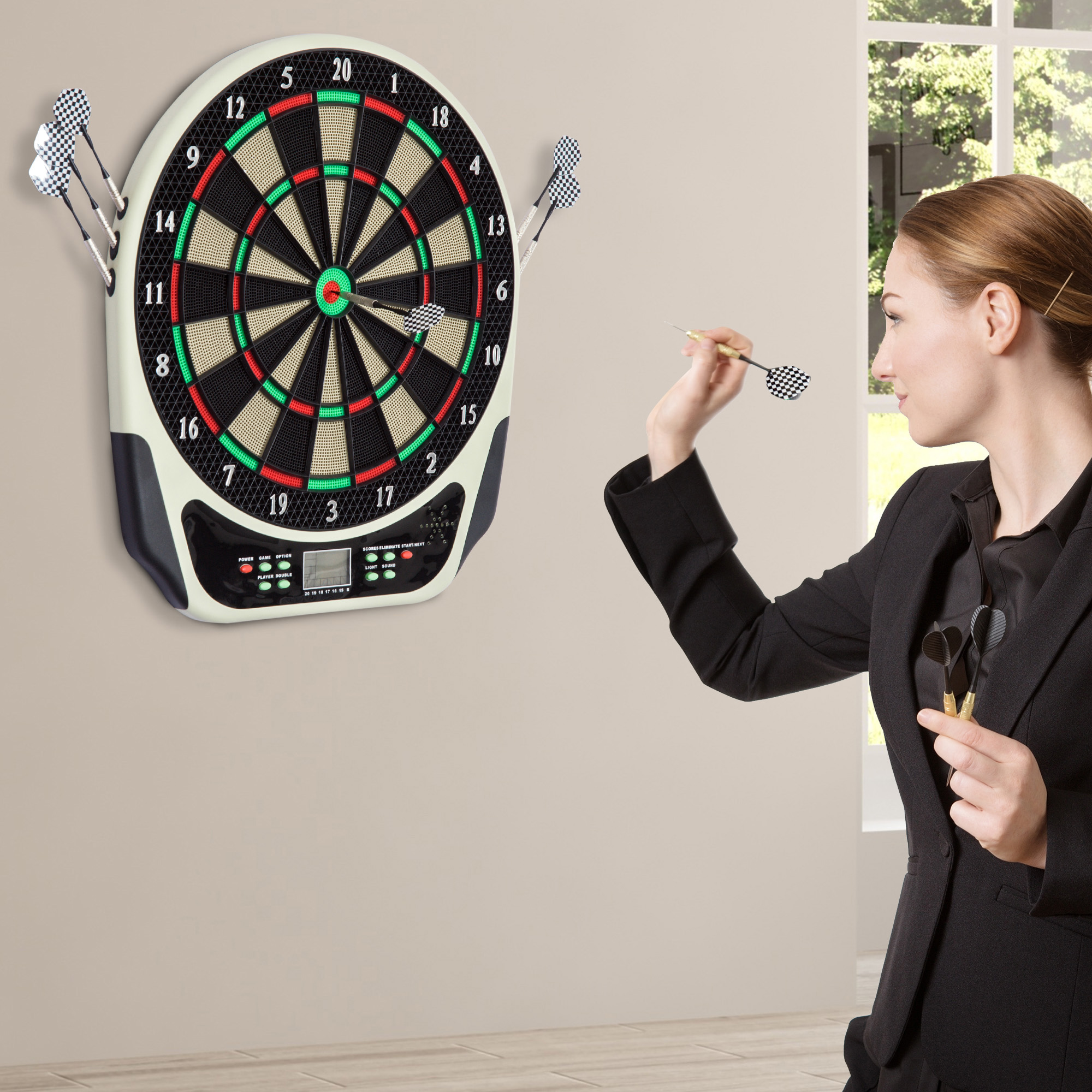 Elektronische Dartscheibe Dartboard mit Sprachansagen LED-Anzeigen 6 Darts 24 Dartköpfe 18 Spiele 159 Varianten Dartautomat Dartscheibe Set für bis zu 8 Spieler