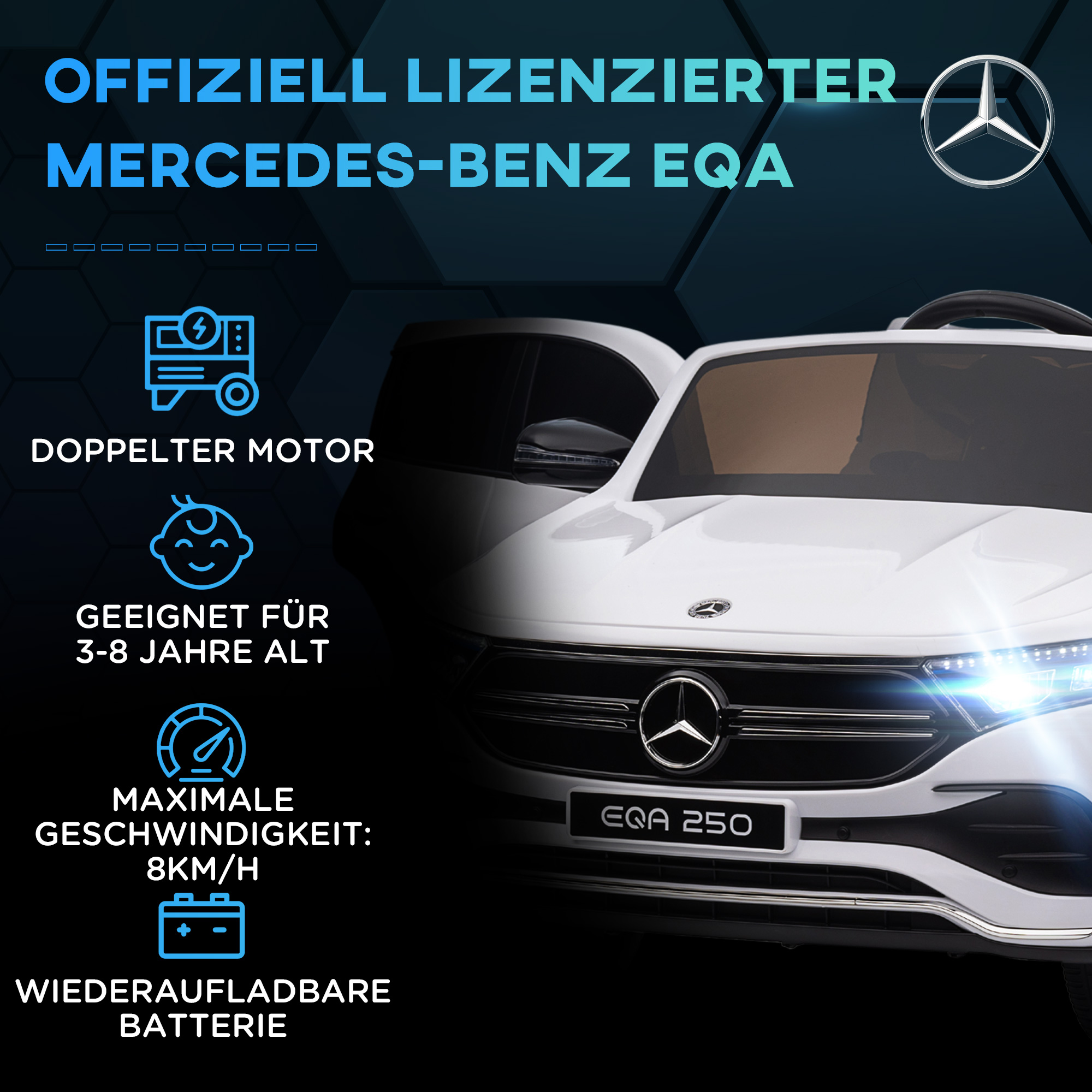 Elektro Kinderauto, lizenzierter Mercedes-Benz EQA, 3-8 km/h, Musik, Scheinwerfer, Hupe, Fernsteuerung, weiß