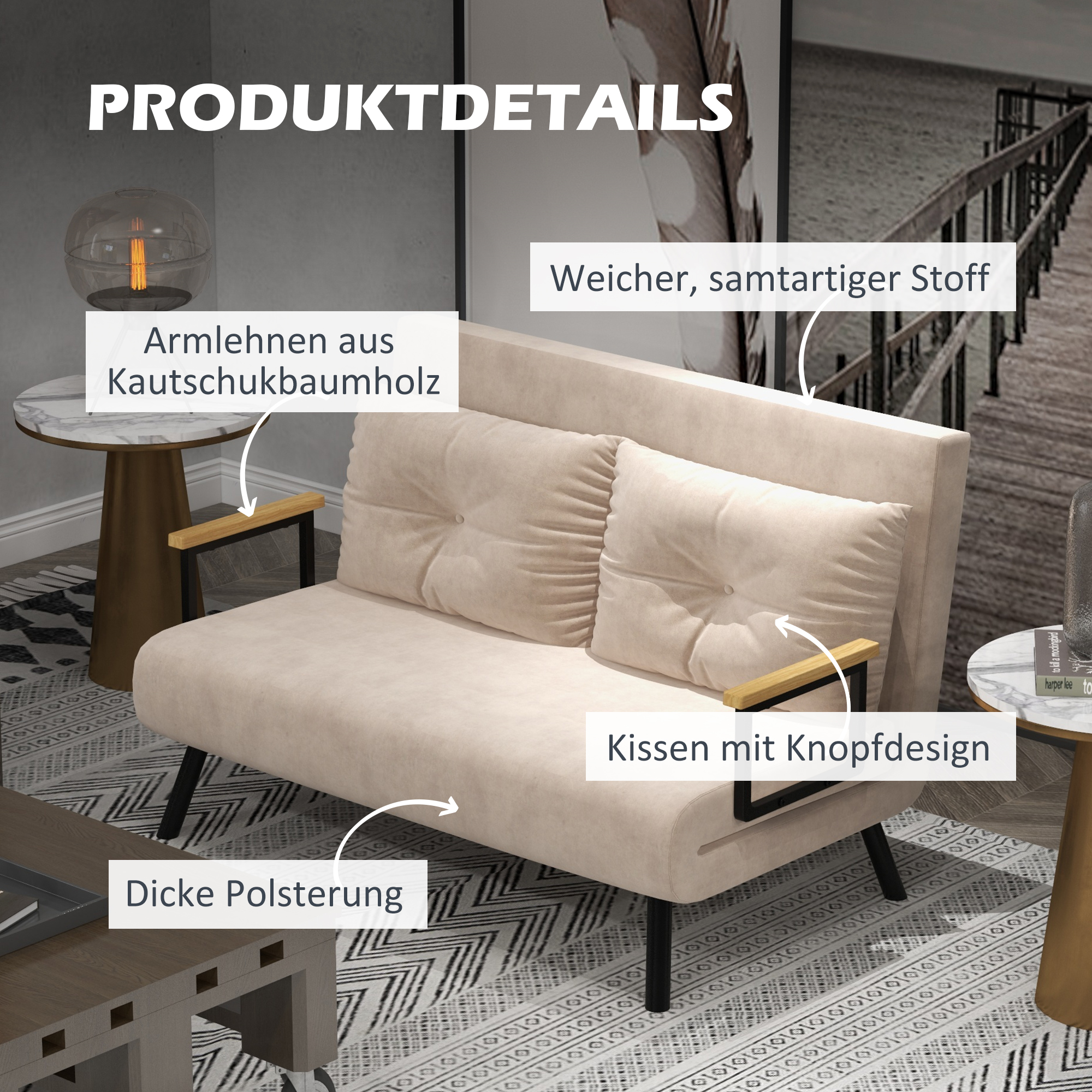 Schlafsofa 2er-Sofa Samtsofa, Schlaffunktion, inkl. 2 Kissen, Samtoptik, Natur + Beige + Schwarz