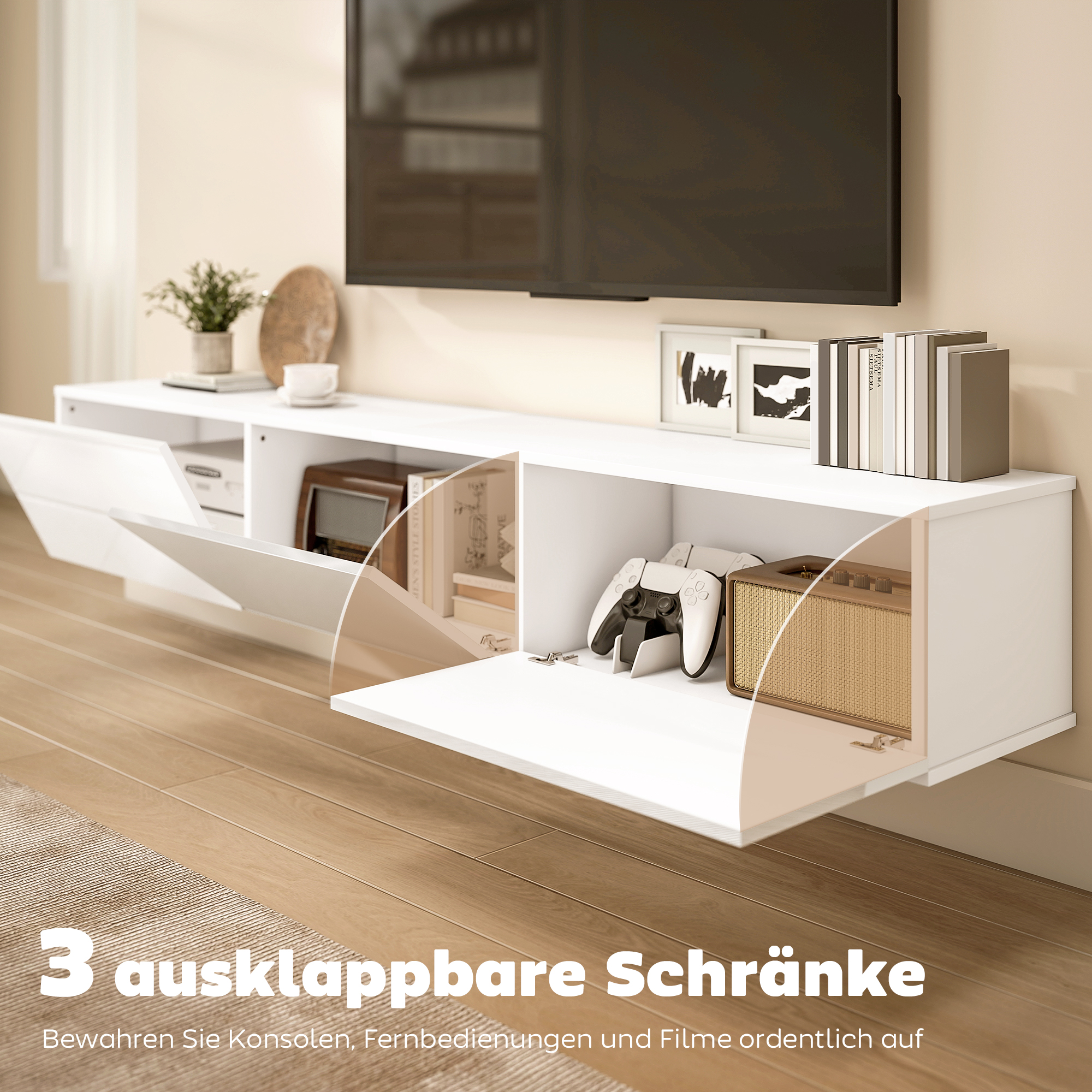 Schwebender TV-Schrank, Wandmontage, 3 Schubladen, viel Stauraum, 180 cm, Spanplatte, Weiß