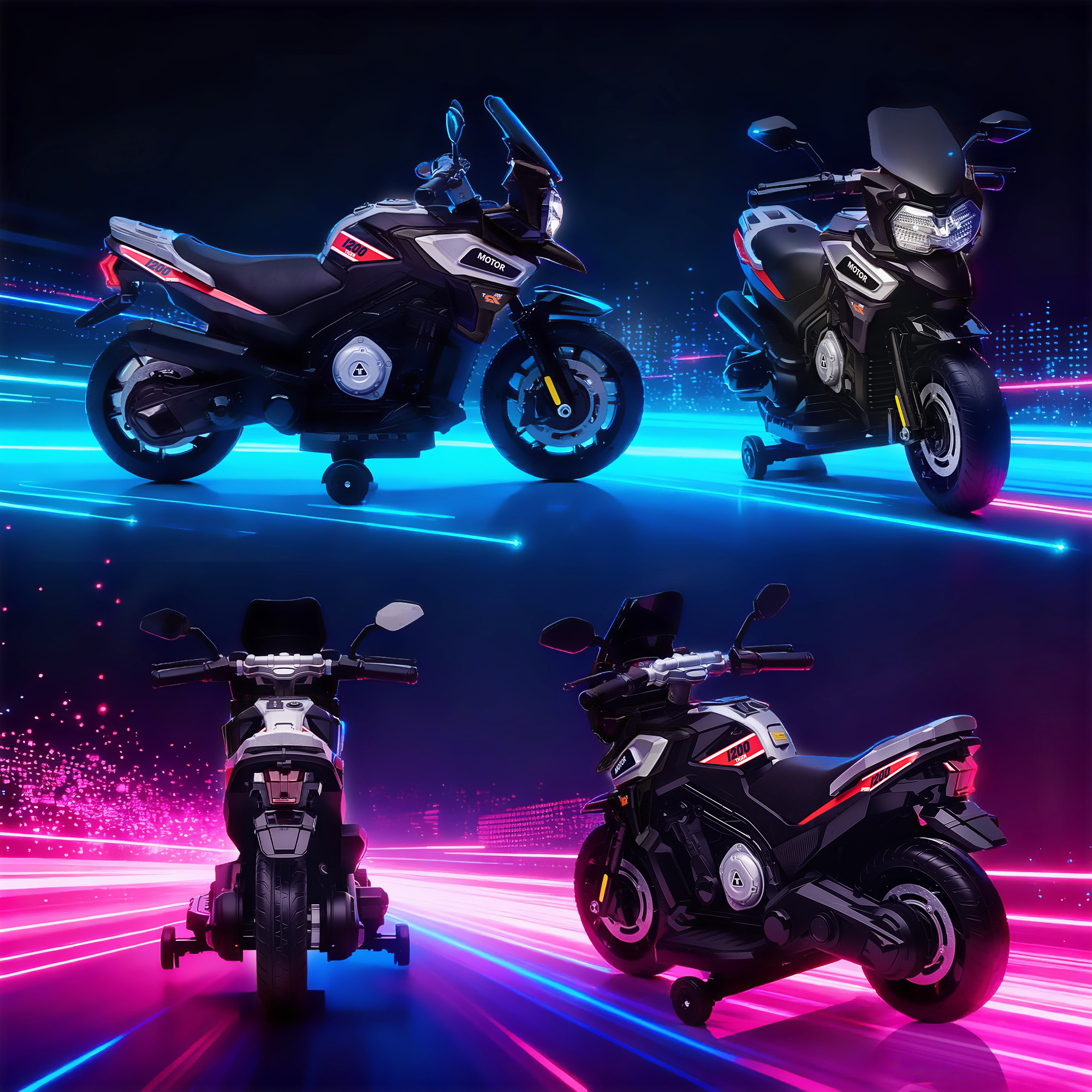 Elektro-Motorrad für Kinder von 18-36 Monaten, Aufsitz-Fahrzeug, Hilfsräder, Lichter, Musik, Kunststoff, Stahl, Schwarz