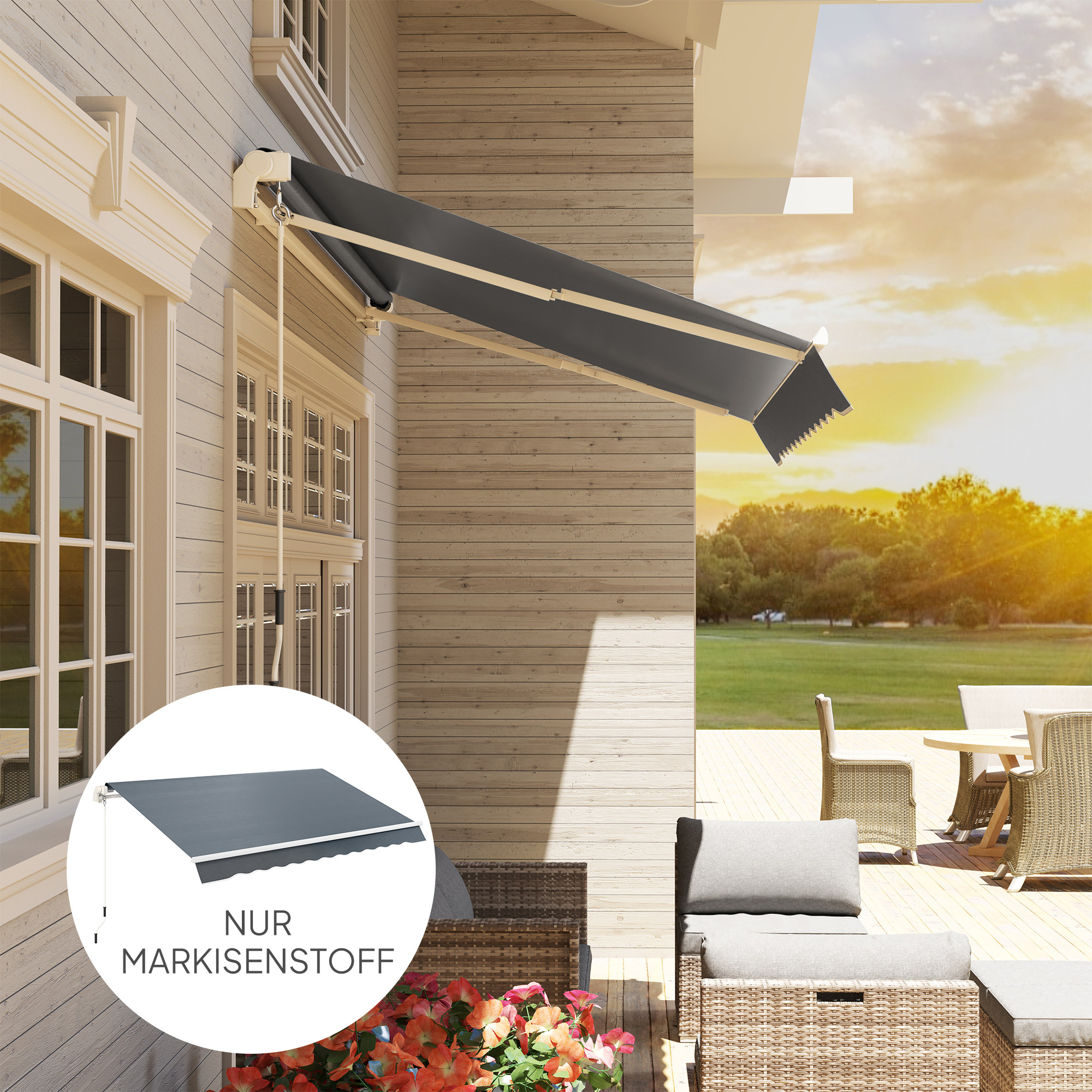 Markisenbespannung Markisenstoff mit Volant Wasserabweisend Ersatzstoff für 3 x 2,5 m Markisen Grau