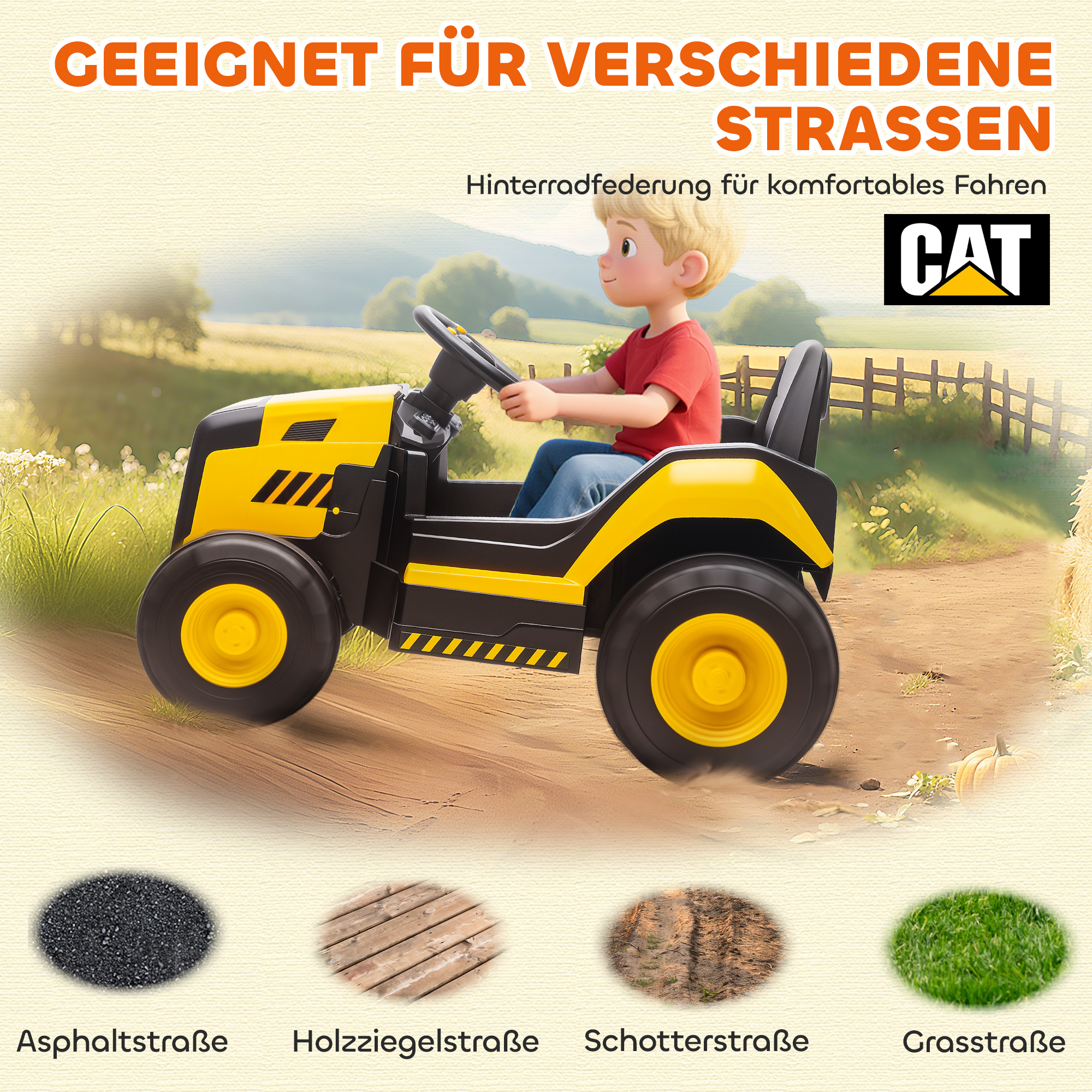 Kinder-Baufahrzeug, Aufsitzauto für Kinder, Fernbedienung, manuelle Steuerung, Bluetooth+Musik-Funktion, 3-6 Jahre, Kunststoff, Stahl, Gelb