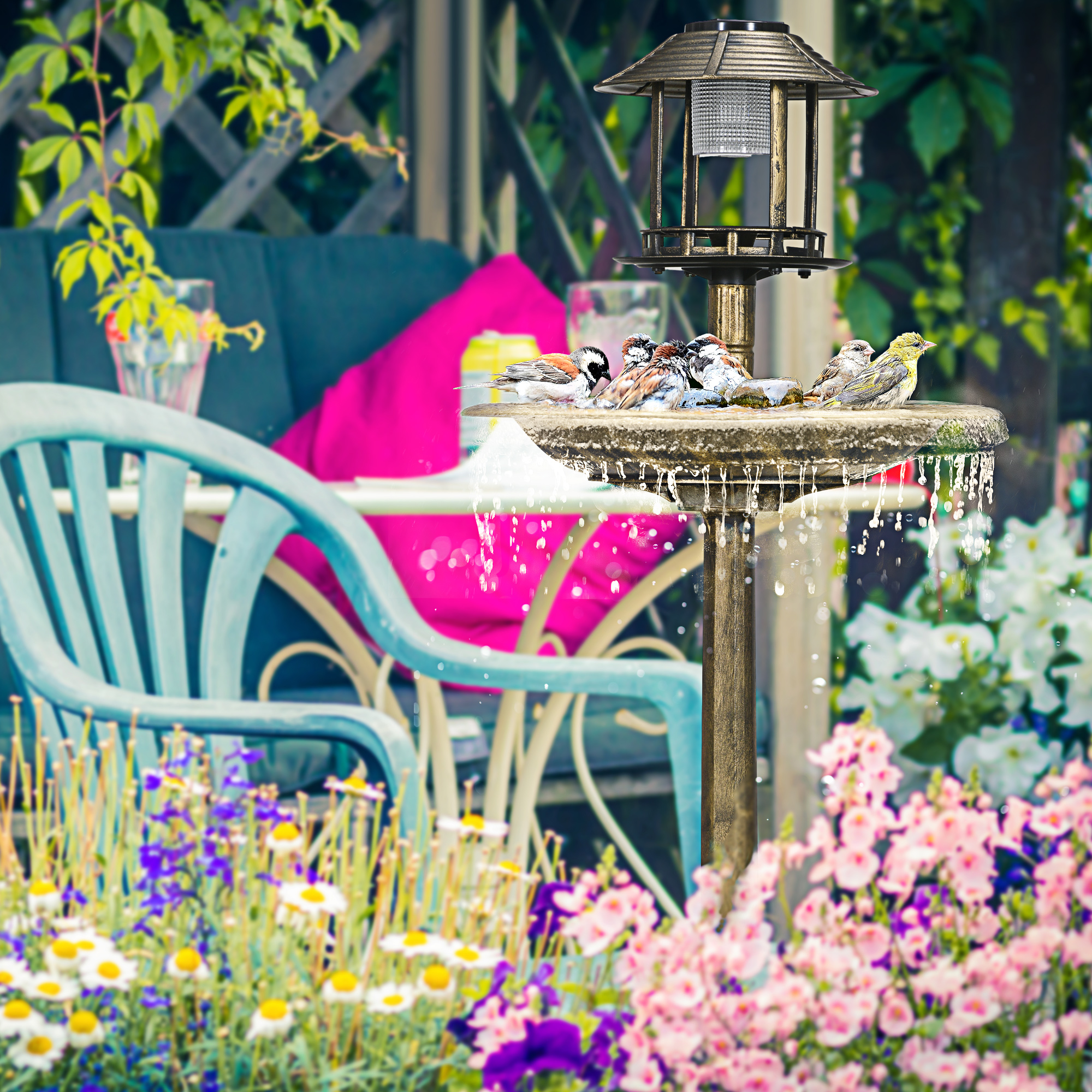 Vogeltränke Vogelhaus Futterschale, wetterbständig, 2 Schalen, Vintagedesign, 50 x 50 x 110 cm, Bronzefarben