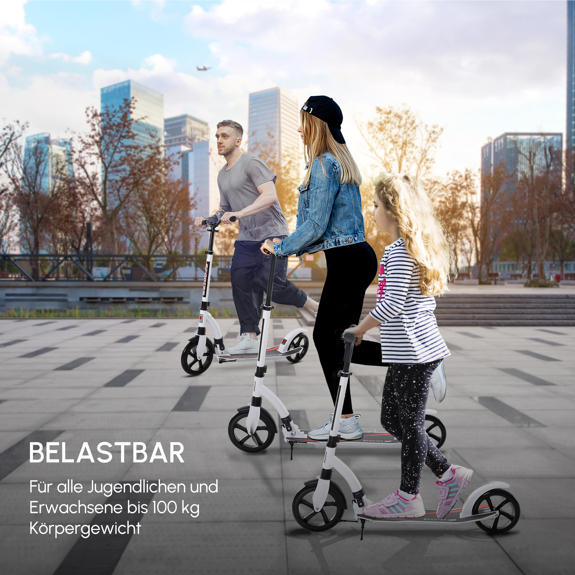 Kinderscooter, Kickscooter mit Stoßdämpfung, Tretroller, Klappbar und Höheverstellbar, ab 14 Jahren, Aluminium, Weiß, 92,5 x 37,5 x 82-97 cm