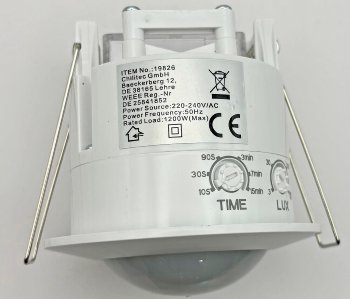 Decken-Einbau-Bewegungsmelder 360°, PIR, LED geeignet, 6m Detektion, weiß