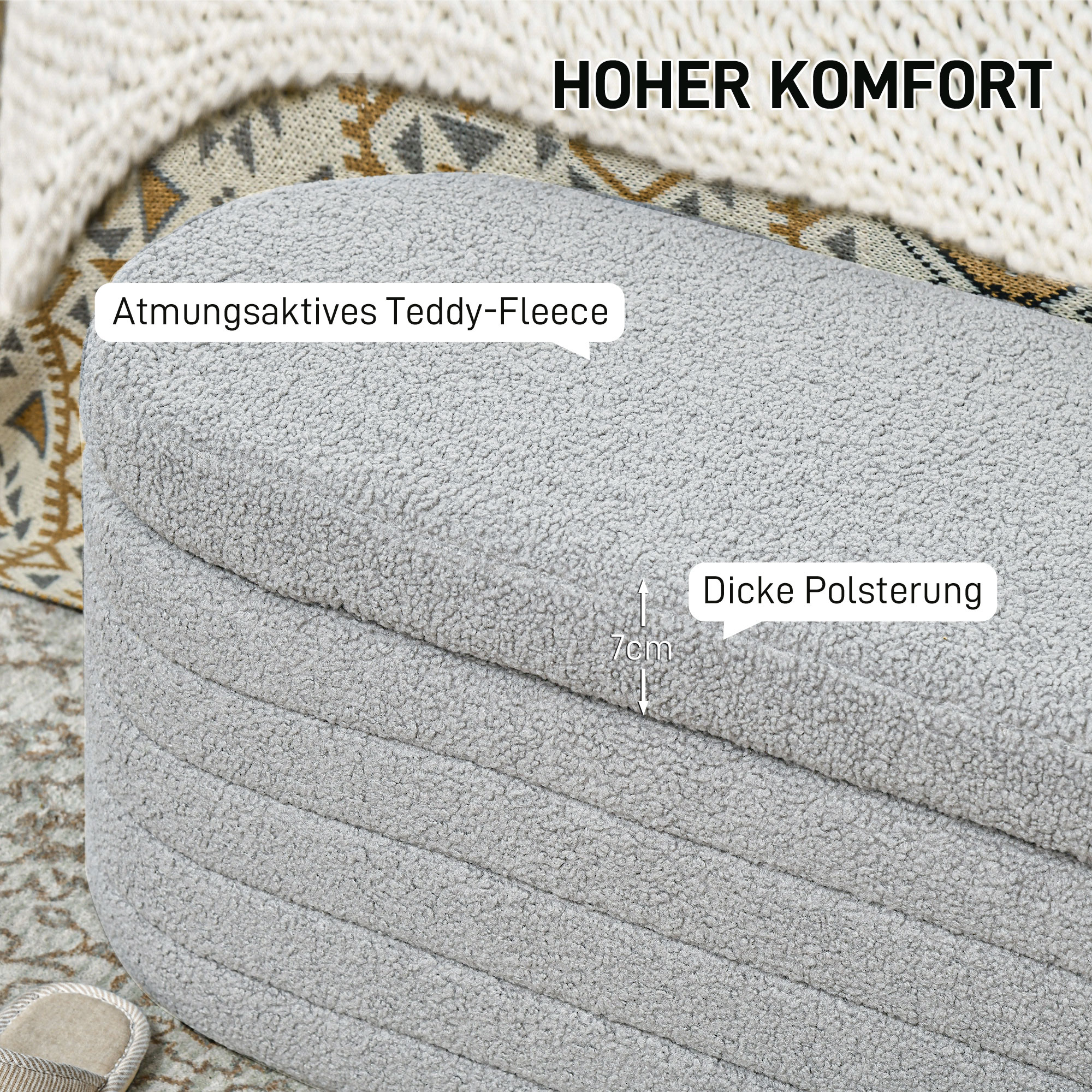 Bettbank, Stauraum, Teddy-Fleece, 116x41x40,5cm, Hellgrau