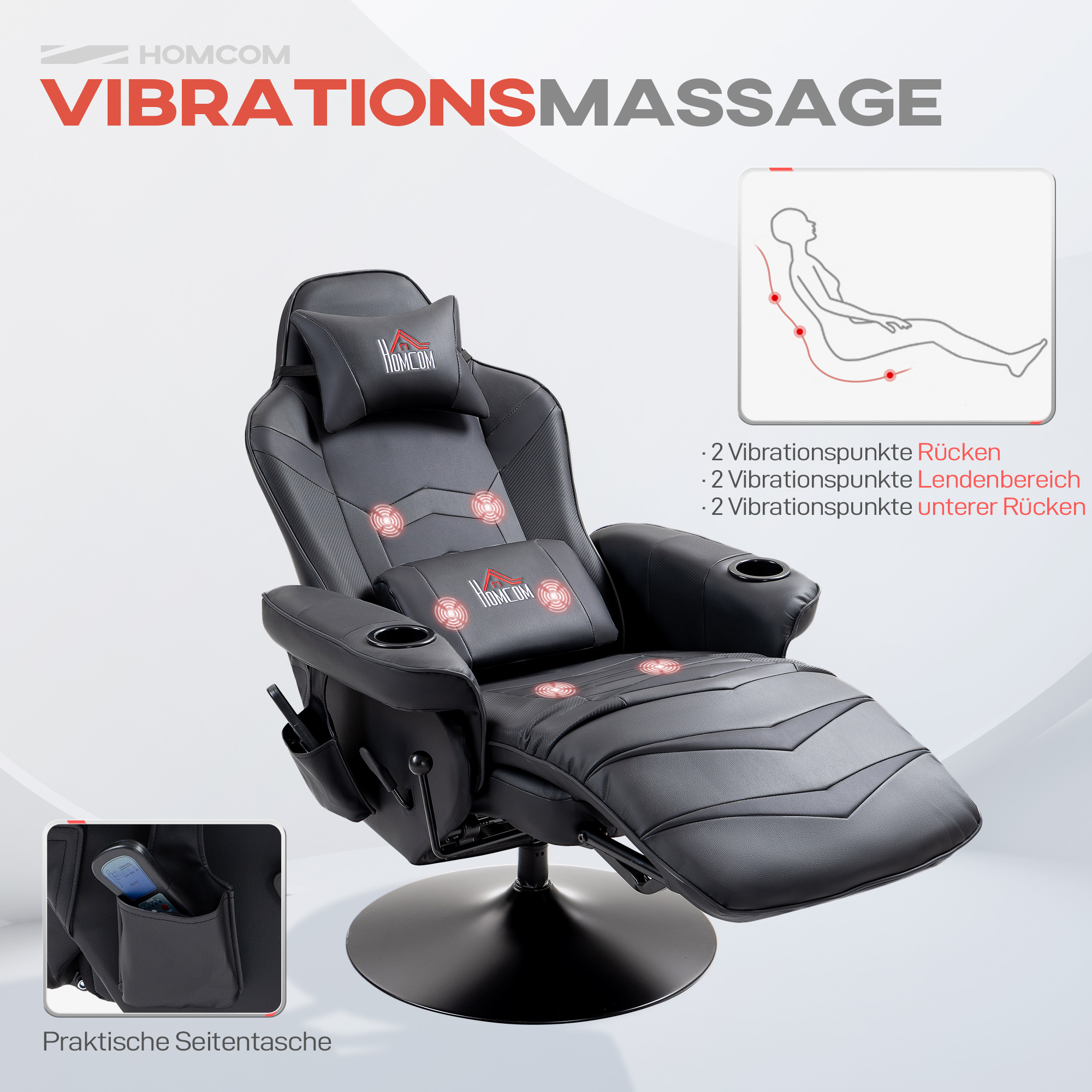 Gamingsessel, Massagefunktion, neigbare Lehne, Fußstütze, bis 120 kg, Stahlrahmen, Kunstleder, Schwarz