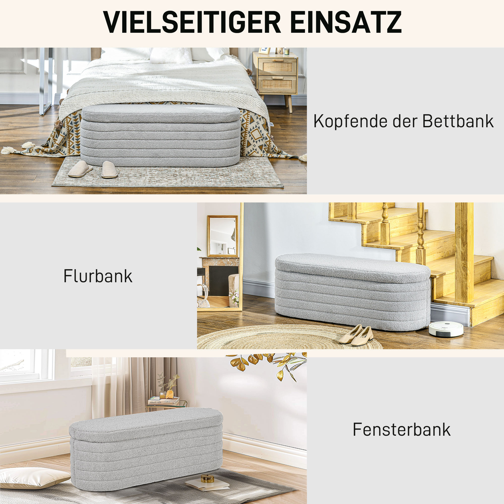 Bettbank, Stauraum, Teddy-Fleece, 116x41x40,5cm, Hellgrau