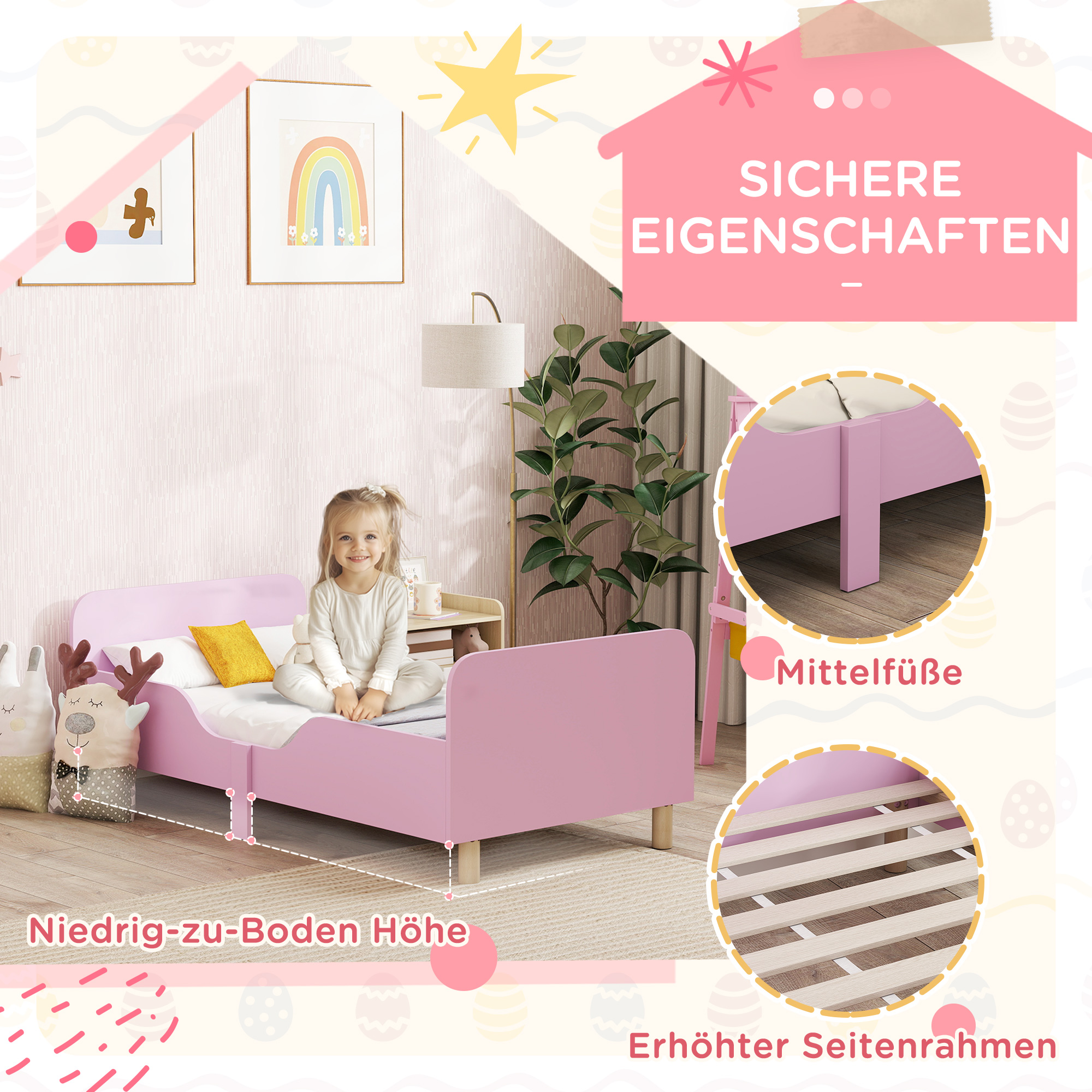 Kinderbettgestell, Einzelbettrahmen für Kinder, Schutzgitter, kleines Bett für Kinderzimmer, MDF, ohne Matratze, Rosa
