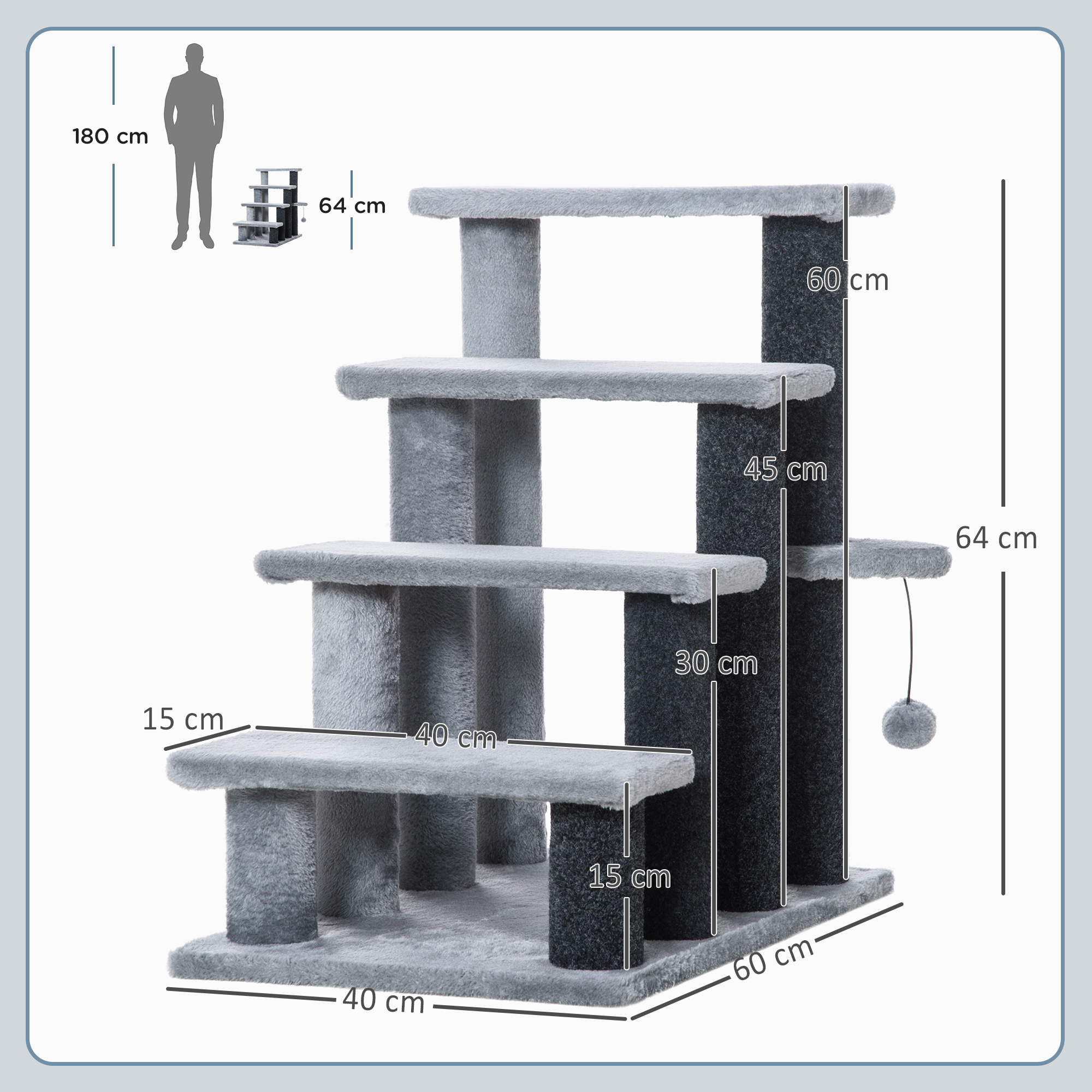 Katzentreppe 4-stufige Haustiertreppe mit Kratzsäulen Ball Hundetreppe Tiertreppe für Katzen bis 5 kg Plüsch Jute Grau 60 x 40 x 64 cm