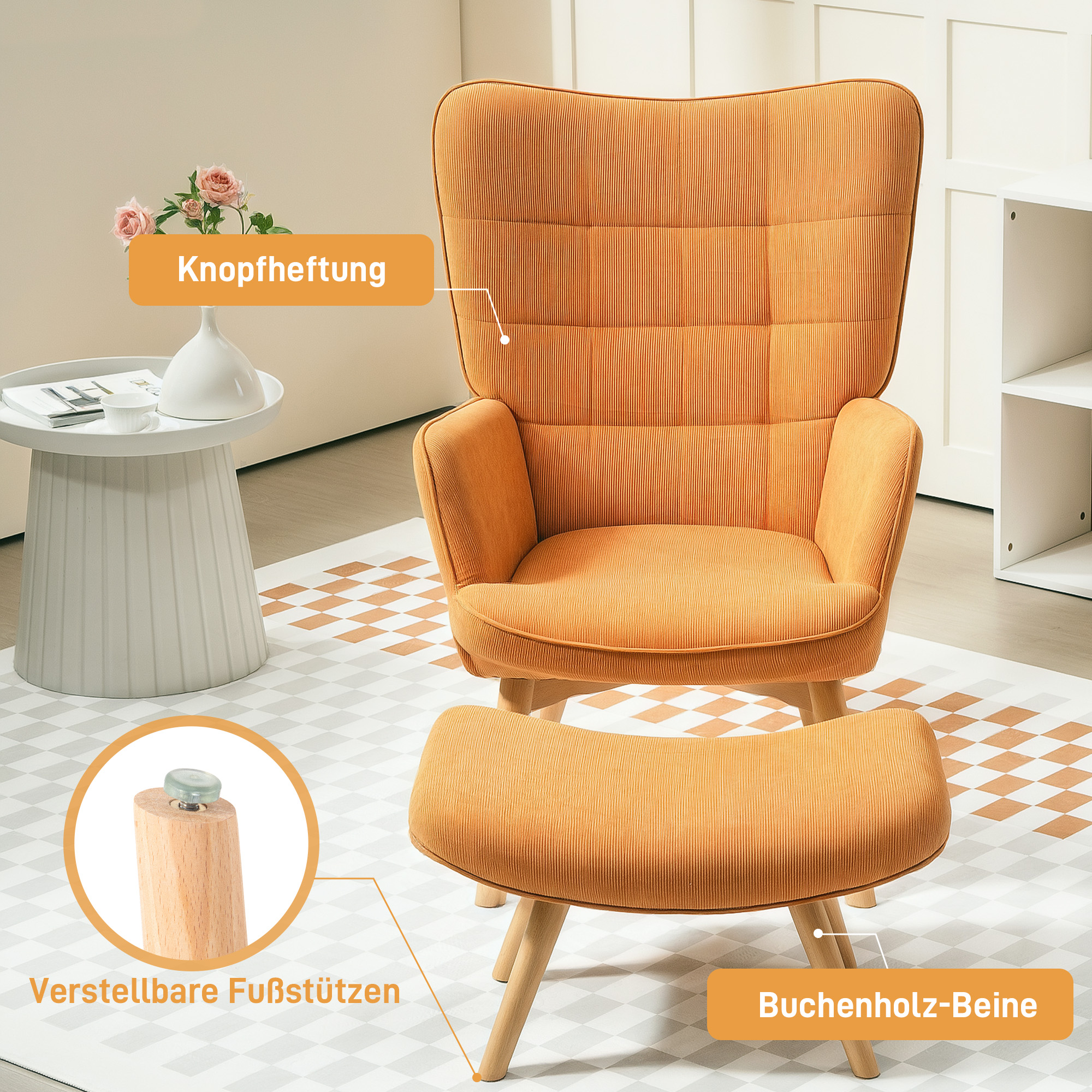 Akzentsessel mit Hocker, Relaxsessel in Cord-Optik, Armlehnstuhl mit Holzbeinen, für Wohnzimmer, Braun