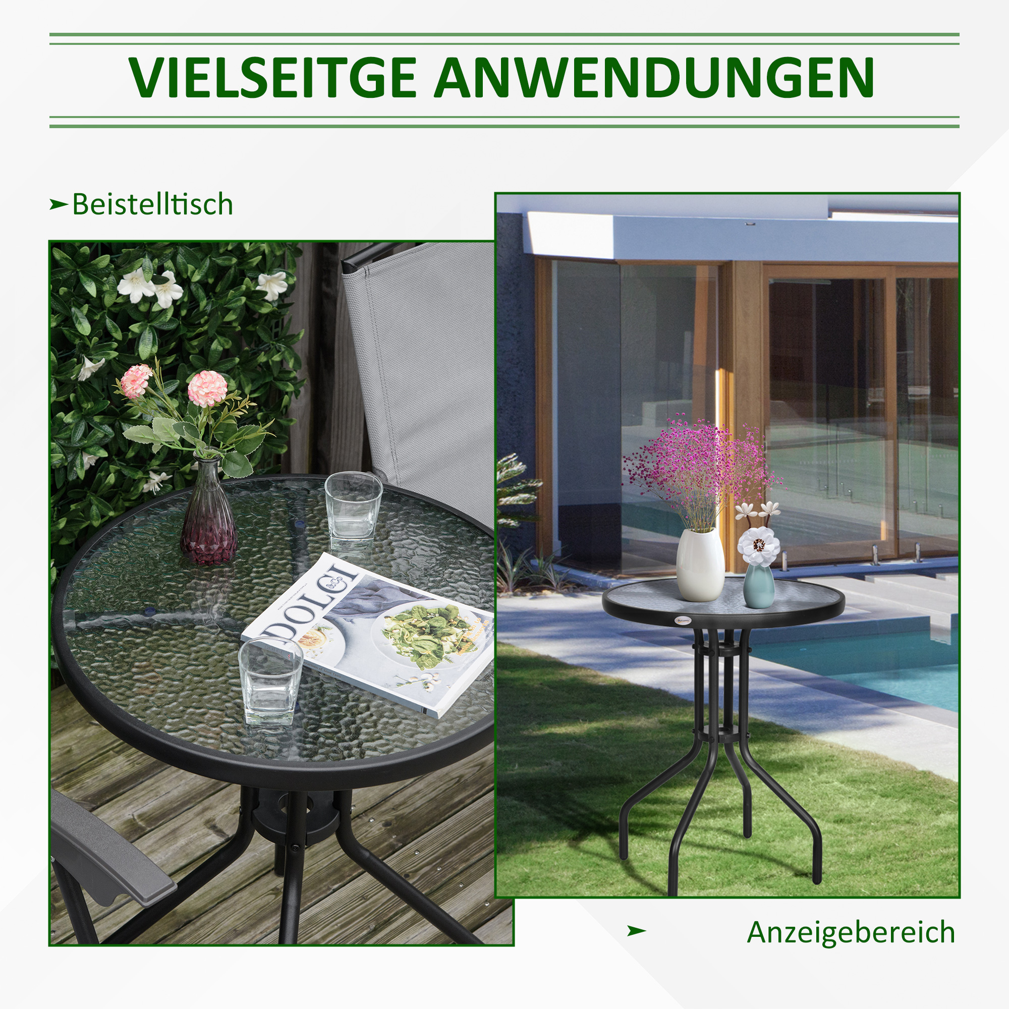 Gartentisch Balkontisch Bistrotisch Glastisch Beistelltisch Metall+Sicherheitsglas ?60xH70cm