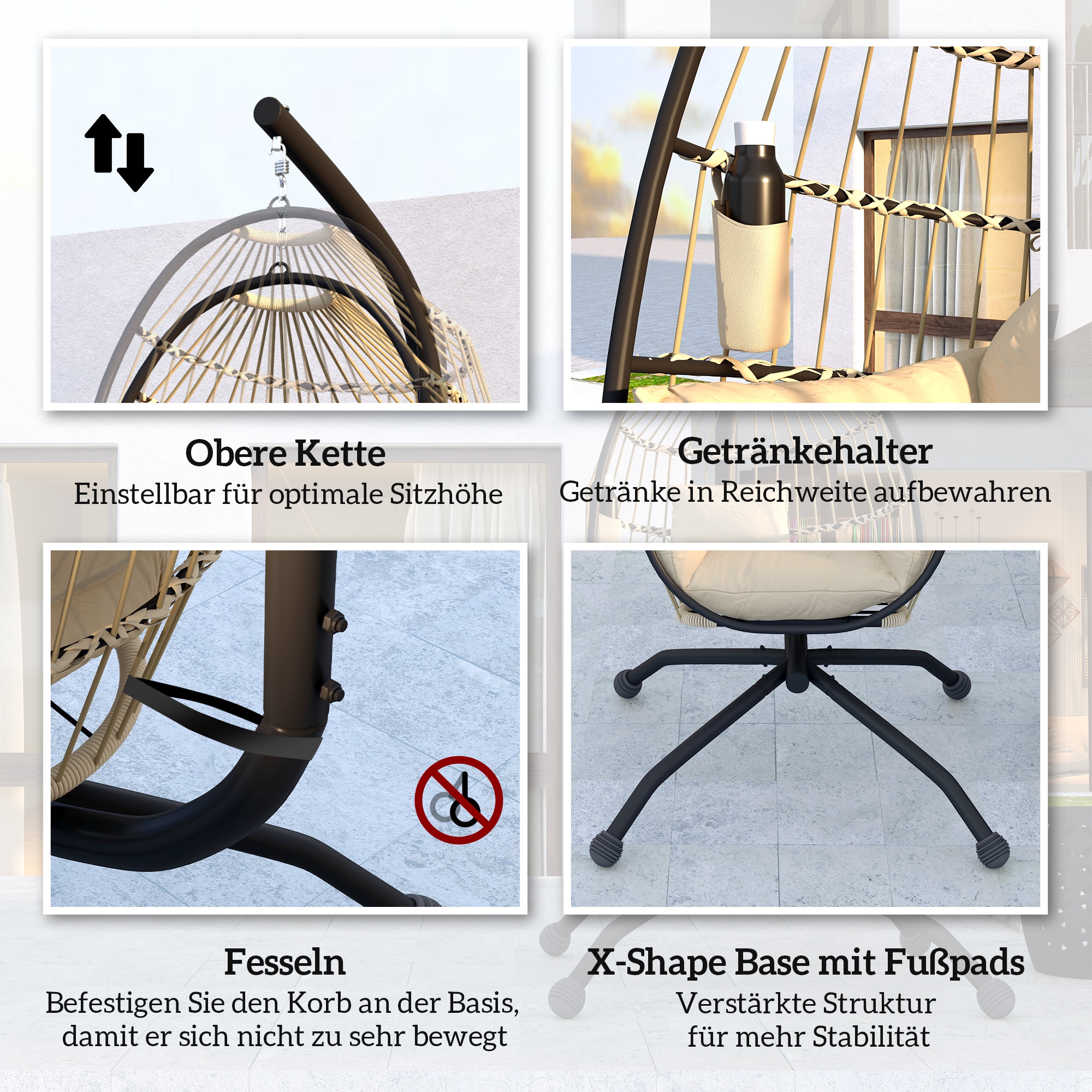 Hängender Outdoor-Schaukelstuhl mit faltbarem Korbsitz und dicken Kissen, Ständer, Kopfstütze, Becherhalter, Khaki