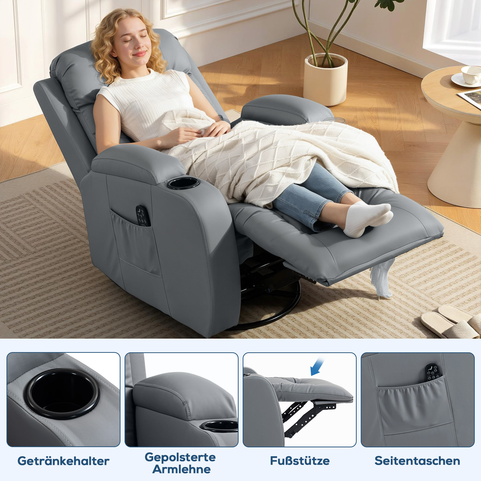 Massagesessel mit Wipp-, Liege- & Wärmefunktion, 3 Modi, drehbar, Hellgrau