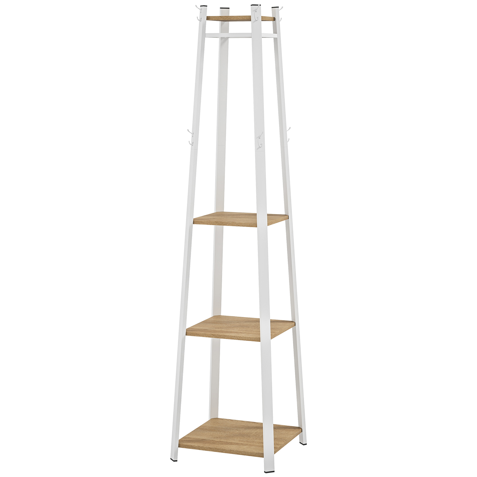 Kleiderständer, Trapez-Design, dreistufig, 8 Doppelhaken, Stahll, Weiß+Eiche Kleiderständer, Trapez-Design, dreistufig, 8 Doppelhaken, Stahll, Weiß+Eiche
